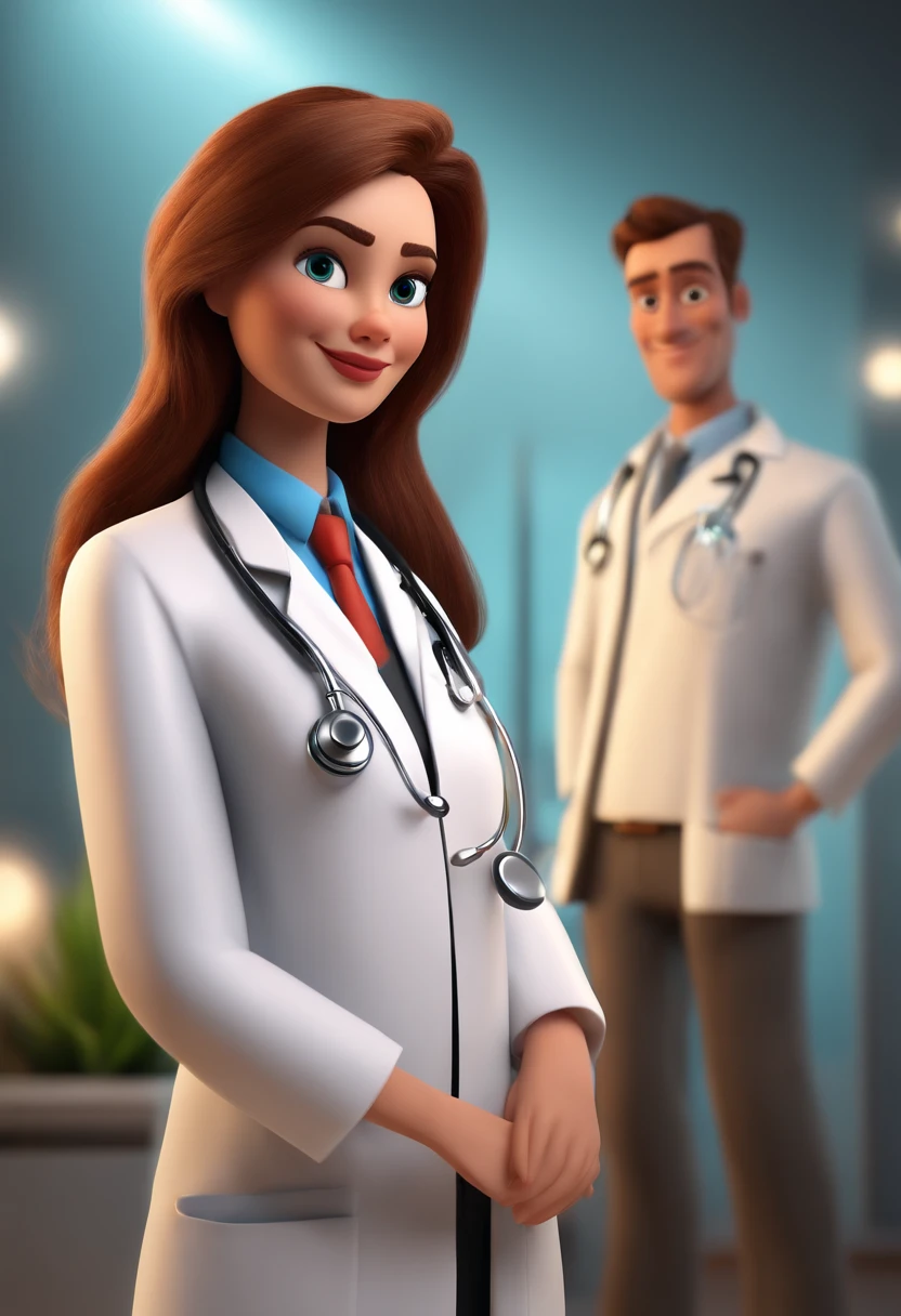 Cartoon Character of a Doctor Man and a Doctor Woman with Lab Coat and Stethoscope , Un personaje animado, stylized character, Rendering animation styles, 3D estilizado, , 3D render estilizado, Toon renderizar keyshot, Personaje 3D, Personaje 3D, Renderizado 3D estilizado, Renderizado de 3 caracteres D, Personaje de dibujos animados, Personaje de primer plano, Pose del personaje, (estilo pixar) (Bokeh) (La mejor calidad) (Piel detallada) (Textura detallada) (8k) (arcilla) (cinematic lighting) (foco nítido,Se sienta y ahueca la parte superior del cuerpo