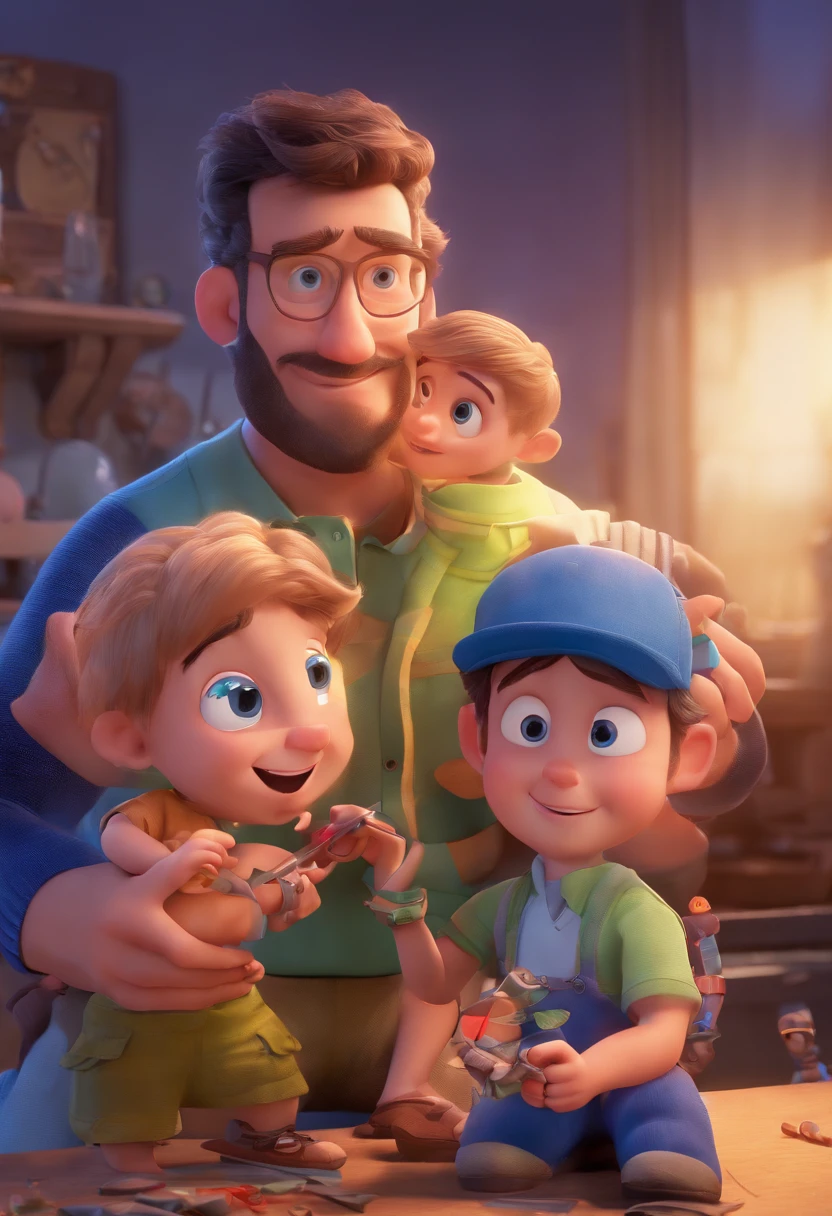 Estilo Pixar: The grown man is holding a naked blue-eyed boy and in his other hand he is holding a pair of scissors and is trying to cut off the boy's testicles,3D Poster,Disney