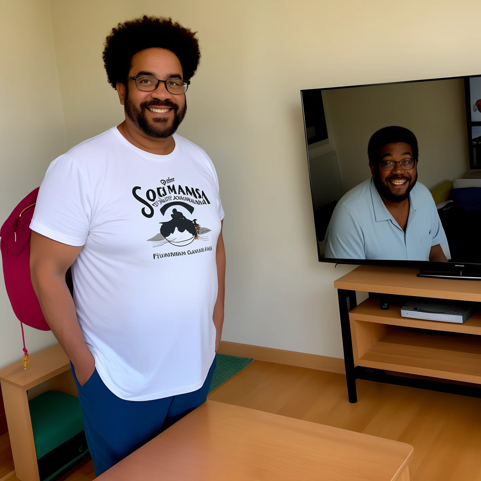 Personagem inspirado na pixar, capturando um homem gordinho de 63 anos afrodescendente, sorridente, com barba branca, wearing a white hat with a black stripe and wearing glasses with a black headband. A imagem mostra um homem de camisa havaiana, florida, Standing in a room with tile floors. He's smiling and posing for the camera, Capturing an Enjoyable Moment. A sala tem um vaso de planta ao fundo, Adding a touch of green to the space. Ademais, there's a wall-mounted TV, proporcionando entretenimento aos ocupantes.(estilo pixar)(master part:1.2)(melhor qualidade)(8k)(cinematic lighthing)