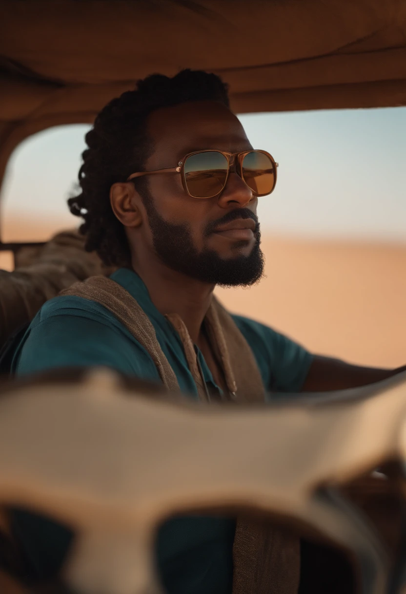 a man with glasses driving a vehicle in the desert, um retrato de personagem, Directed by: Michael Komarck, afrofuturismo, Gambino Infantil, head shoot, Humvee, thick neck, anorld render, Duas Caras, Afro-americano, hiper realista absurdo, Mestiza, Guerra nas Estrelas, desenhos animados realistas, Foto RAW, 8k UHD, DSLR, soft lighting, alta qualidade, filmic grain, Fujifilm XT3, (pele altamente detalhada:1.2)