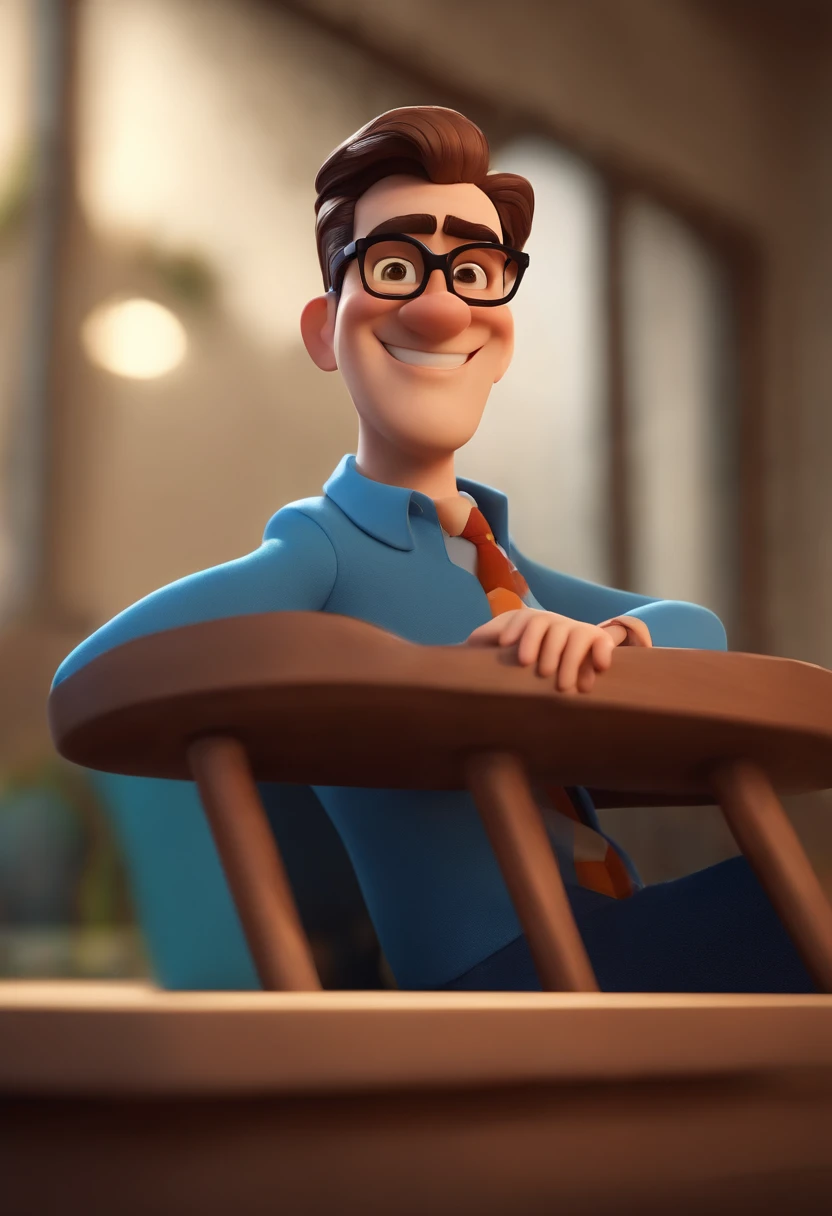 Cartoon character of a man wearing black glasses and a blue shirt, um personagem animado, Caractere estilizado, animation style rendering, 3D estilizado, Arnold Maya render, 3 d render stylized, toon render keyshot, Personagem 3D, Personagem 3D, 3d rendering stylized, 3 d character render, personagem de desenho animado, Personagem de close up, Pose de personagem, (Estilo Pixar) (master part:1.2) (Bokeh) (best quality) (pele detalhada) (textura detalhada) (8k) (argila) (Cinematic lighting) (foco nítido,Senta e vaza a parte superior do corpo