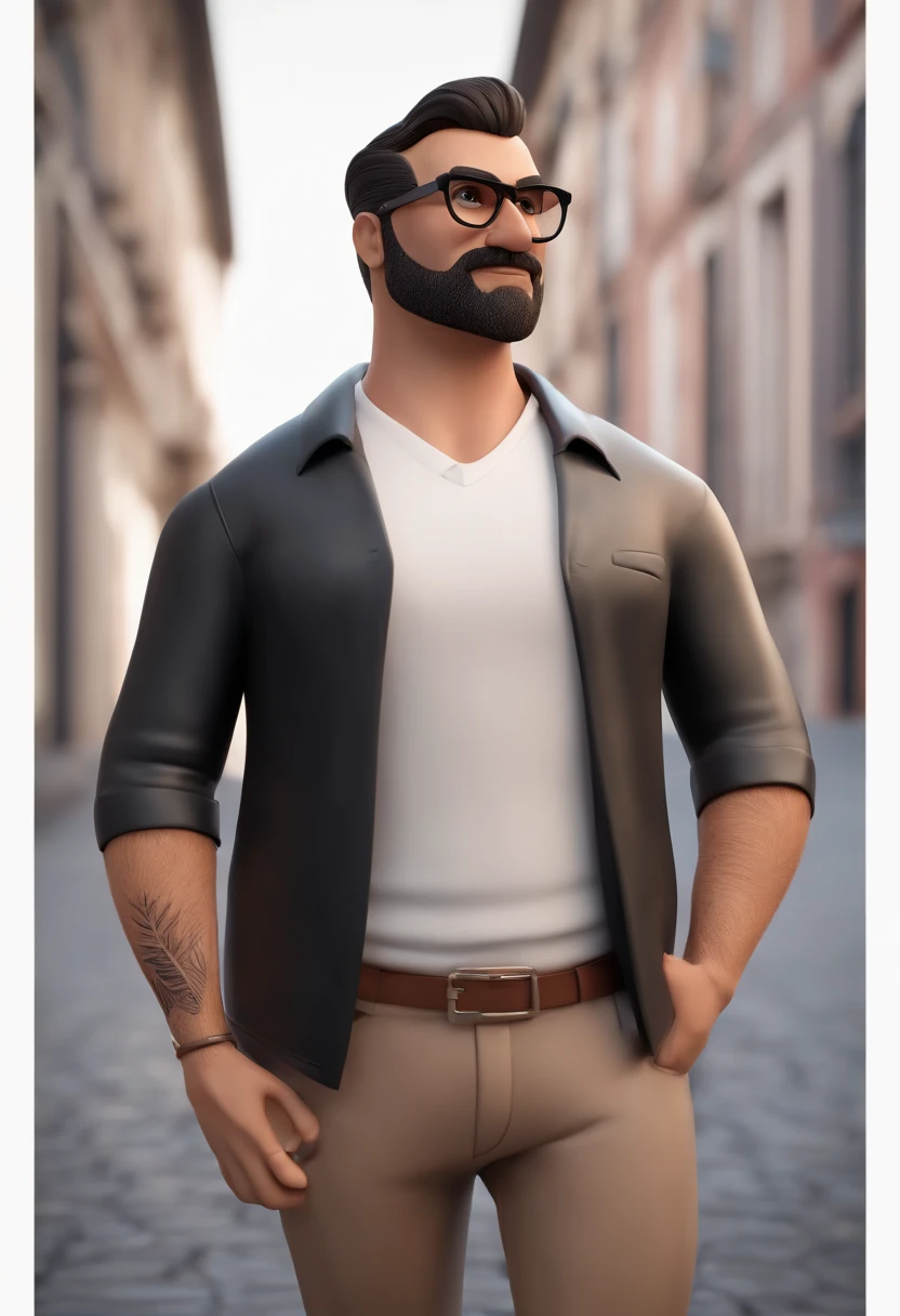 Cartoon character of a man with black glasses and a black polo shirt, cabelo liso, With beard and old school tattoo on his arm, animation character, Caractere estilizado, animation style rendering, 3D estilizado, Arnold Maya render, 3 d render stylized, toon render keyshot, Personagem 3D, Personagem 3D, 3d rendering stylized, 3 d character render, personagem de desenho animado, Personagem de close up, Pose de personagem,  (Estilo Pixar) (master part:1.2) (Bokeh) (best quality) (pele detalhada) (textura detalhada) (8k) (argila) (Cinematic lighting) (foco nítido