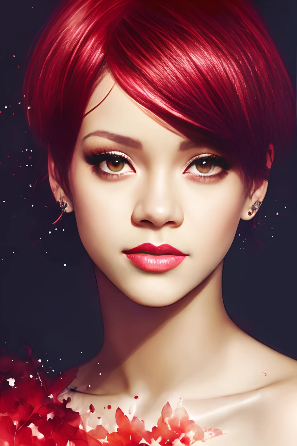 a woman (Rihanna) with short red hair, smile, by agnes cecile, luminous design, black and white, ink drips, autumn lights
