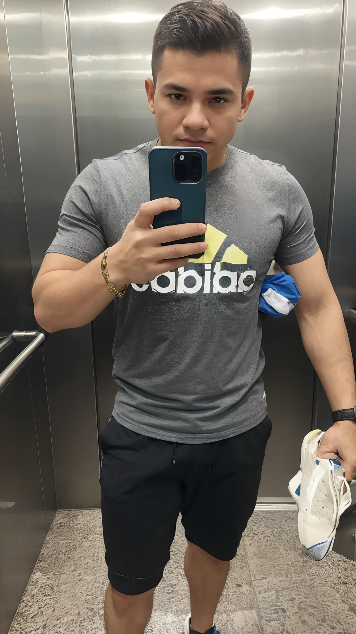 Foto no elevador, com camisa da adidas, indo para a academia
