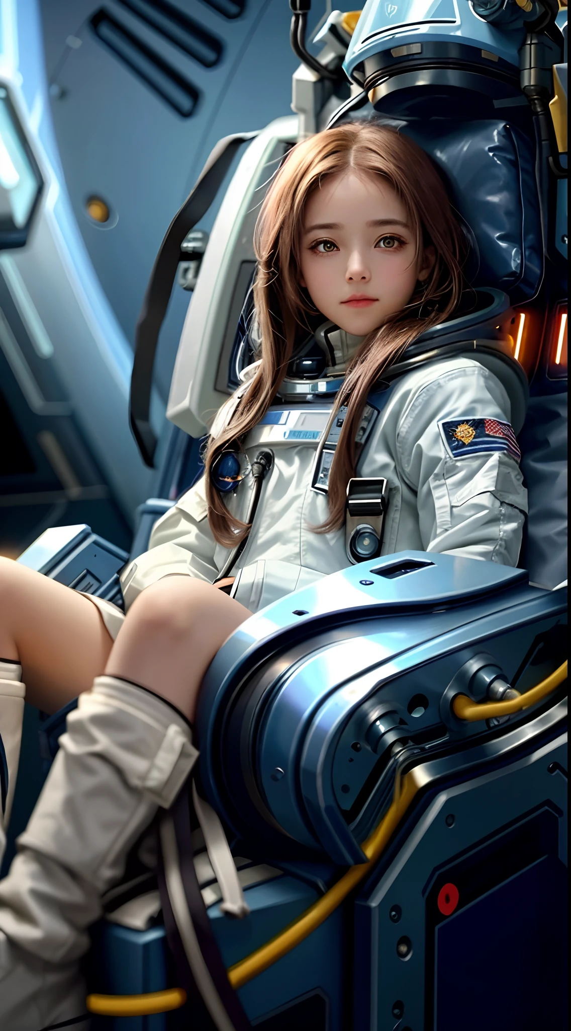 Girl in a space suit sitting on a space station, girl in space, Astronauta futurista, portrait anime space cadet girl, girl wearing robotic suit, powerful woman sitting in space, usando equipamentos espaciais futuristas, science fiction space suit, Epic Sci-Fi Character Art, Epic Sci - Arte do Personagem de Fi:, sci - personagem de fi, cyborg branca bonita
