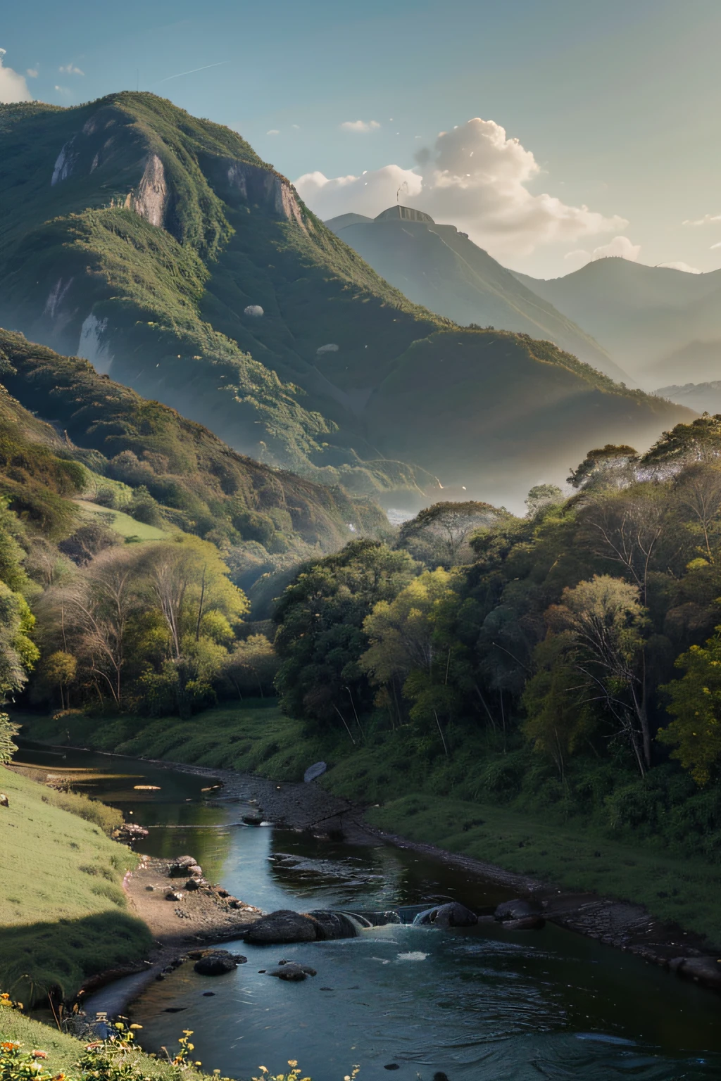 pintura de uma casa,com um rio que atravessa um vale verde exuberante com montanhas ao fundo, colinas fluidas, 8k resolution digital painting, 8k resolution digital painting, Pintura digital 4K, Pintura digital 4k, pintura digital detalhada, baixo detalhamento. pintura digital, Pintura Digital de Alto Detalhe, peaceful landscape, rio, trees and hills, pintura detalhada 4K, pintura digital 4k