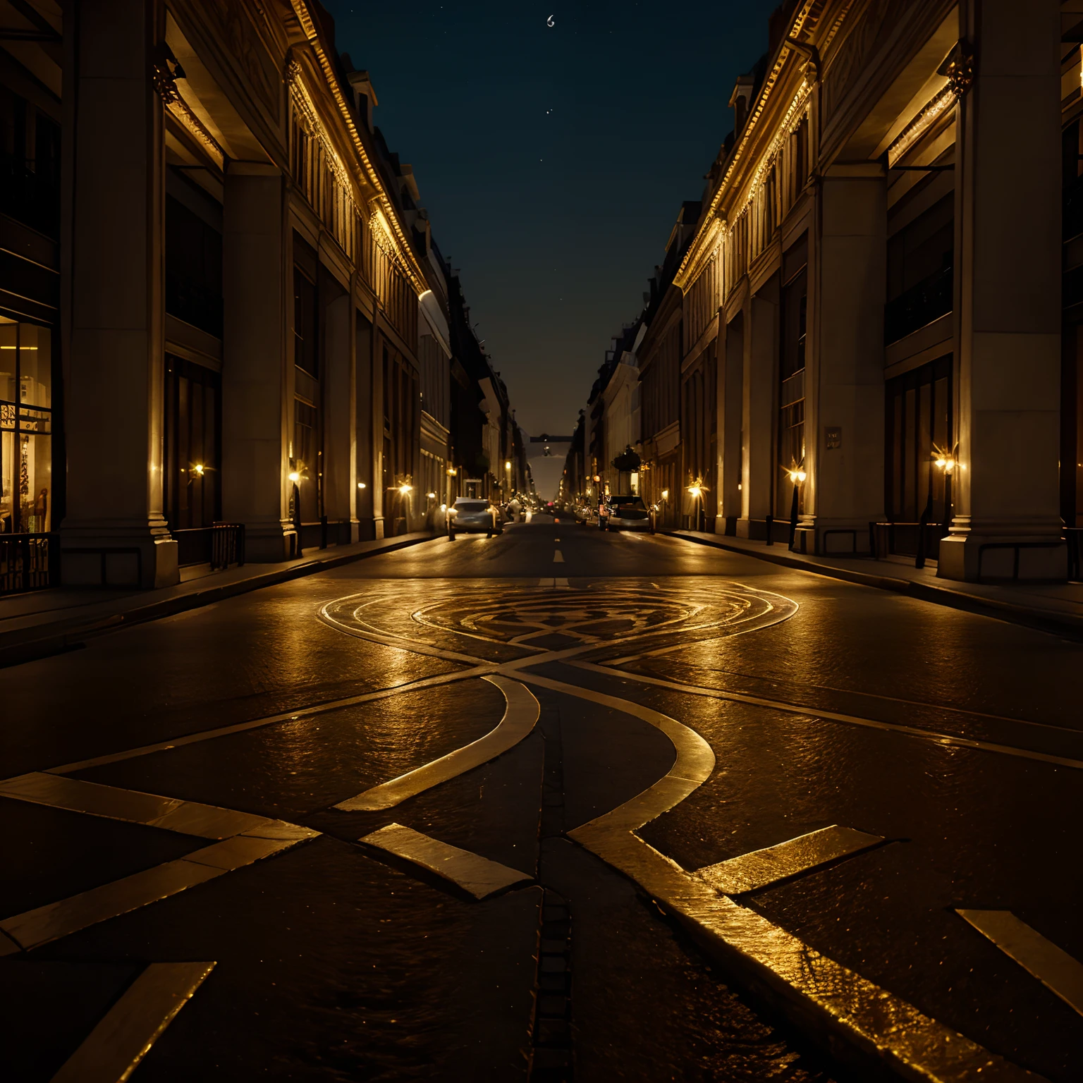 Masterpiece, 18th-century Paris, with its bustling streets, elegant architecture, and the spirit of the Enlightenment. Use a combination of classical and Rococo elements to evoke the charm and sophistication of this historical era. Gold lighting. Night