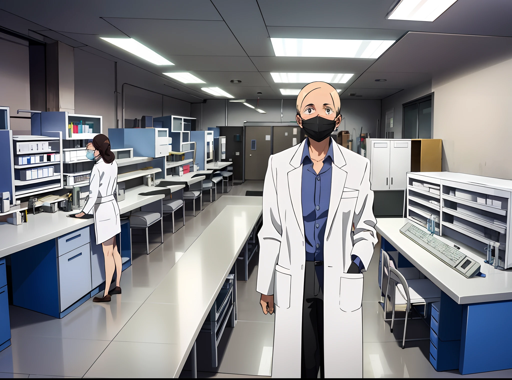 Several people in lab coats and masks pose for a photo, in a lab, stood in a lab, in a factory, In the background, In Sao Paulo, em um centro de pesquisa, lab in the background, in an underground laboratory, em segundo plano, in lab, in lab, Cientistas, by Amelia Peláez, lab in the background