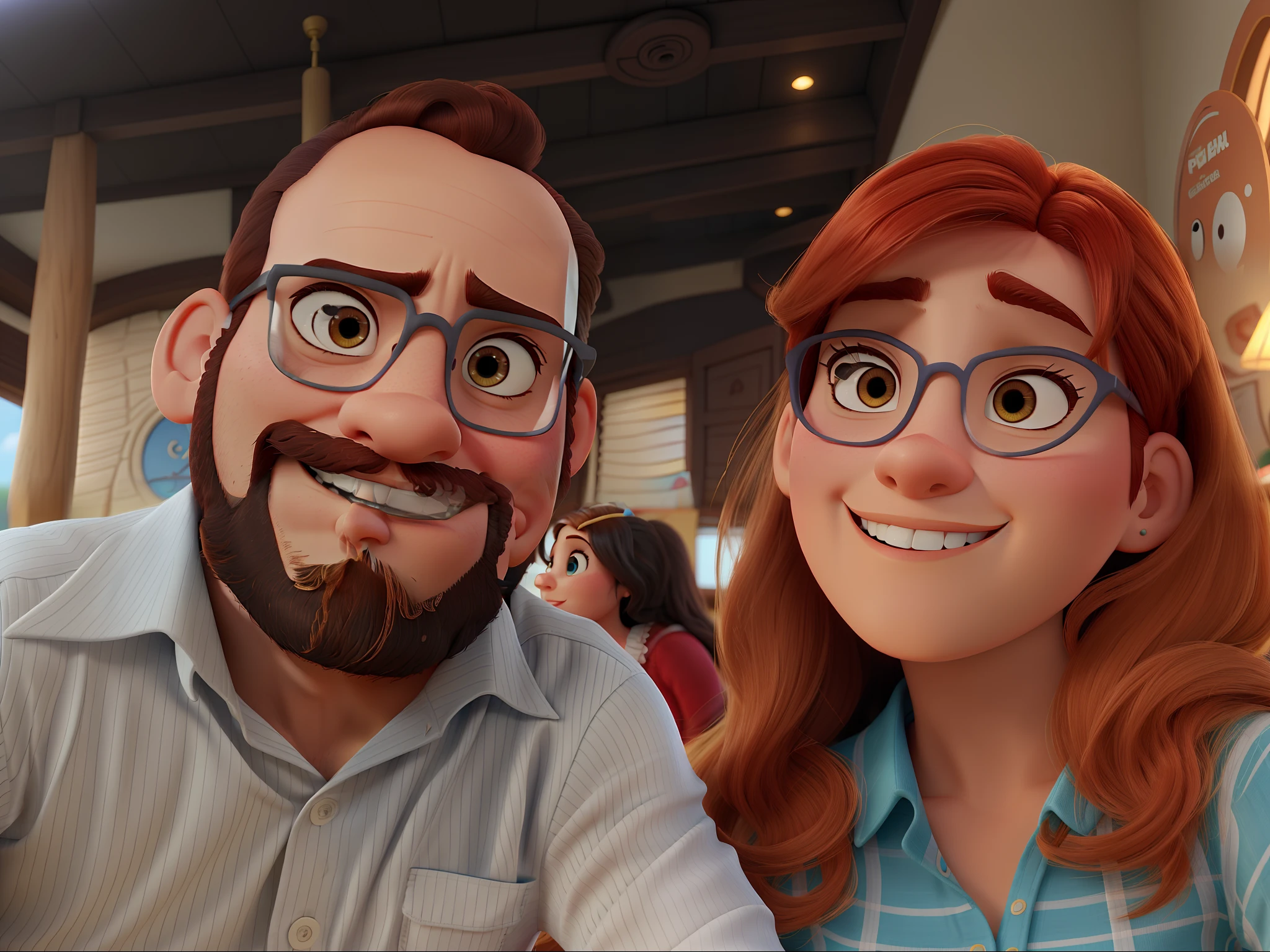 Casal estilo disney pixar melhor qualidade alta qualidade. Homem moreno cabelo curto liso e barba e mulher ruiva olhos castanhos claros cabelo curto liso