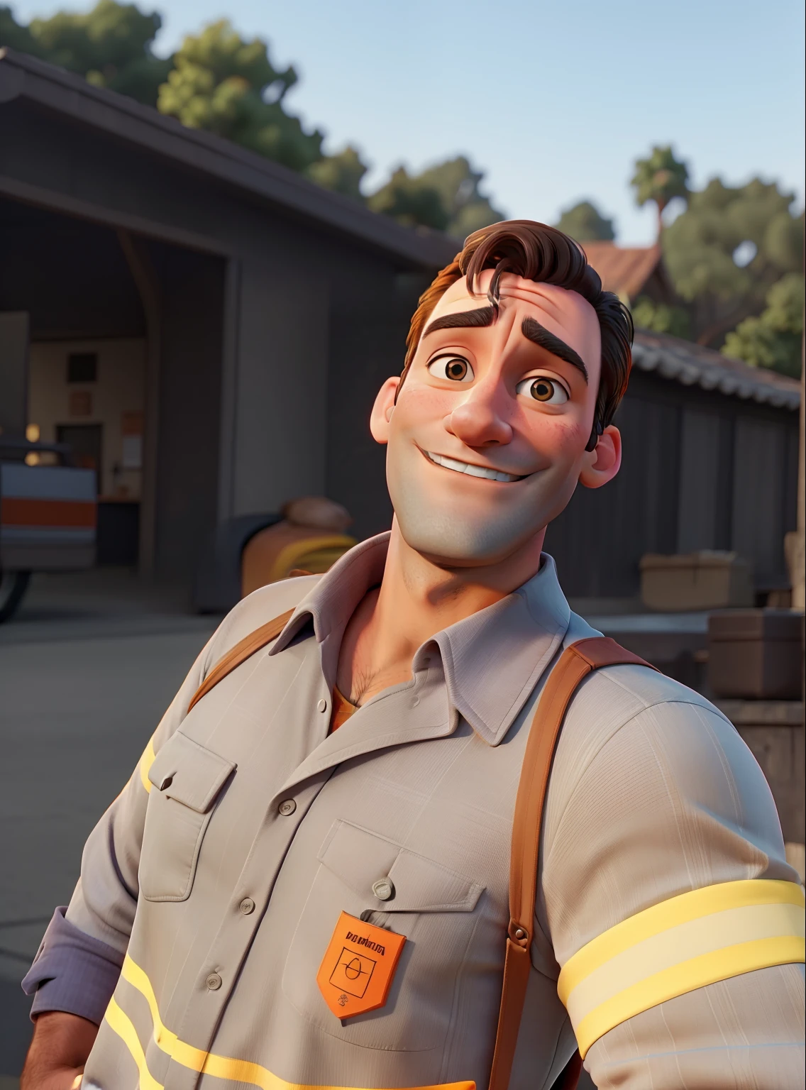 Jon Hamm dressed in an orange shirt and black pants, sorrindo e apontando para o lado com o dedo indicador