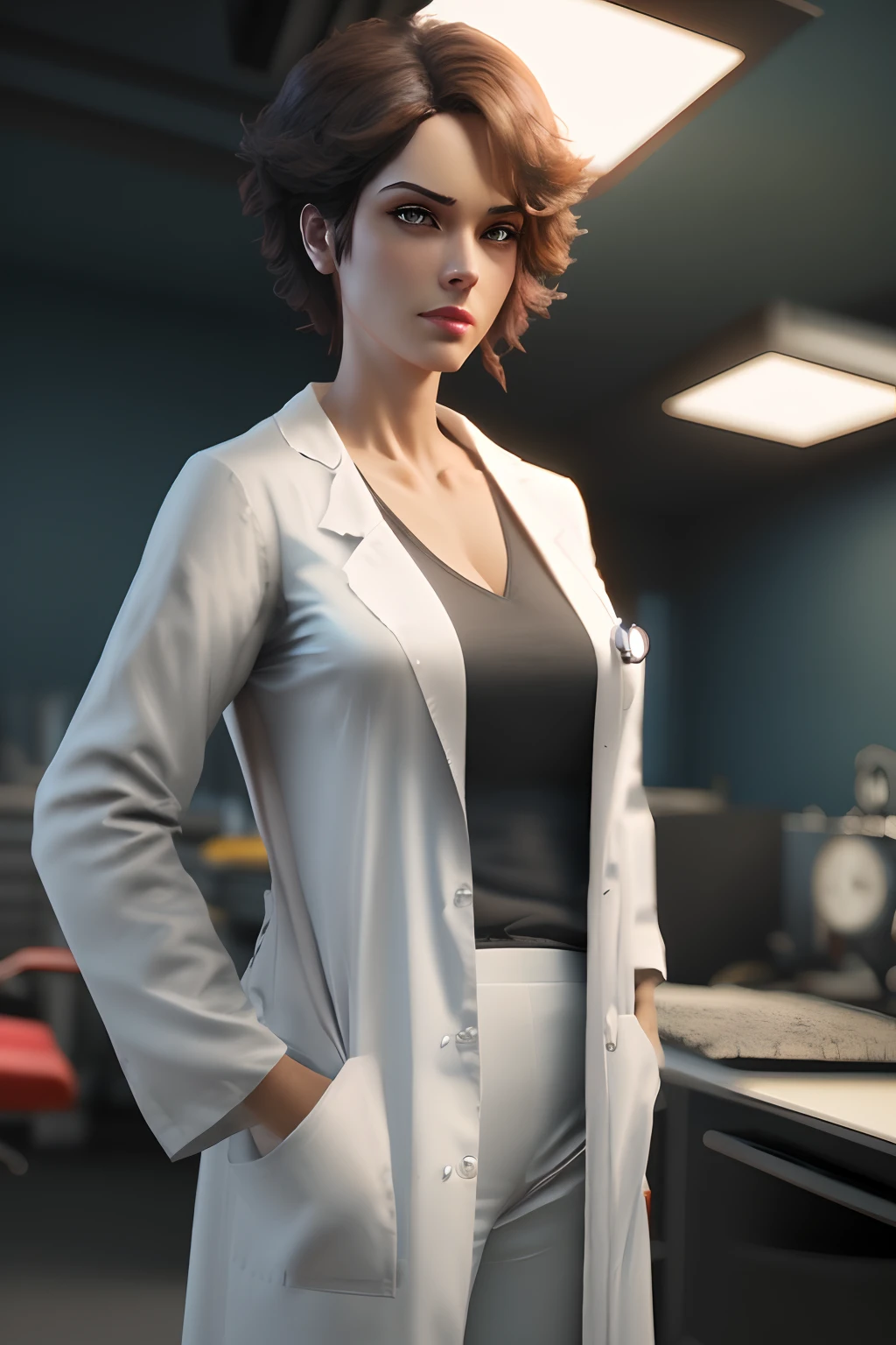 Cartoon character of a man wearing a doctor's lab coat, segurando uma coluna, um personagem animado, cabelo curto  castanho escuro com mechas brancas e olhos castanho , Caractere estilizado, animation style rendering, 3D estilizado, Arnold Maya render, 3 d render stylized, toon render keyshot, Personagem 3D, Personagem 3D, 3d rendering stylized, 3 d character render, personagem de desenho animado, Personagem de close up, Pose de personagem, (Estilo Pixar) (master part:1.2) (Bokeh) (best quality) (pele detalhada) (textura detalhada) (8k) (argila) (Cinematic lighting) (foco nítido，Senta e vaza a parte superior do corpo
 INFO