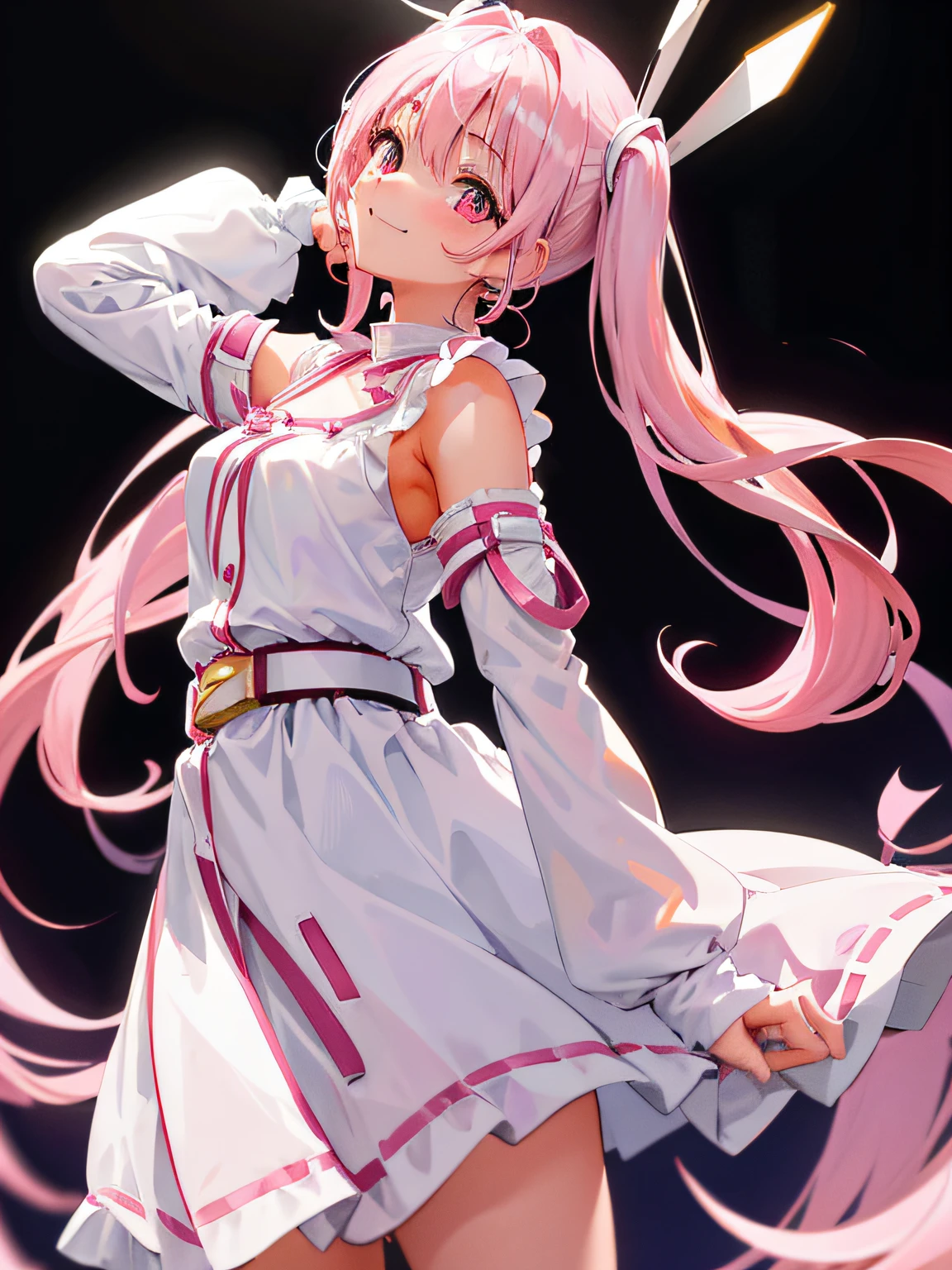 Two-dimensional anime wallpaper，light pink hair，，Sakura hair accessories，girl，White短袖系带式校服，The arms were wrapped in bandages，light gray mini skirt，Bandages wrapped around his head，medium build，The hair is a little messy，With a dull expression，Warm color palette，White