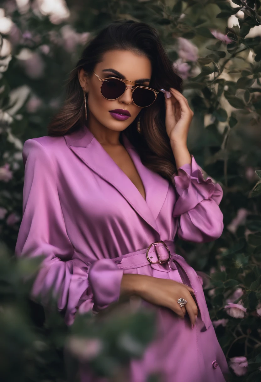 4k, Realistic, alto detalhamento, super olhos detalhados, roupas de moda, trenchcoat rosa, boina francesa, black pants with belt, cabelos longos, na cidade, cabelo rosa, Purple eyes, Yae Miko, wearing trendy sunglasses,