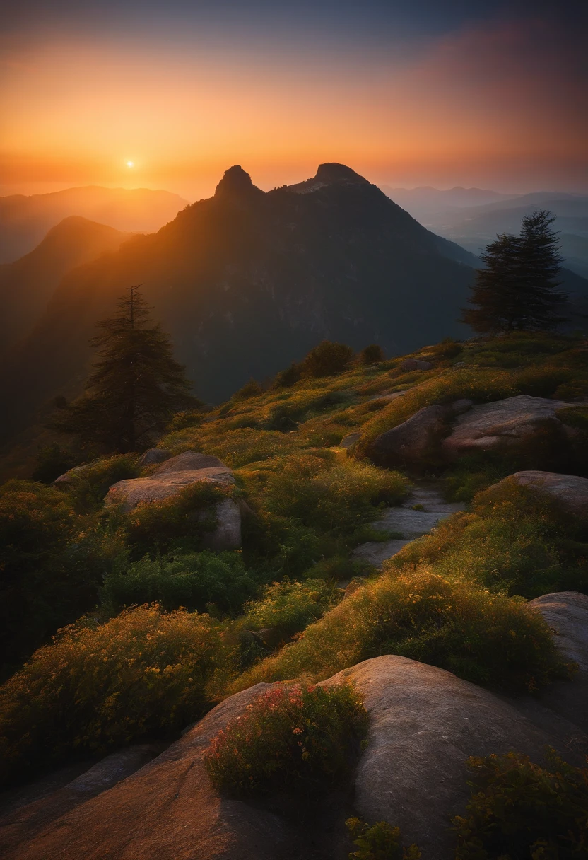 Homem no topo de uma montanha,,Sunrise behind the himem, Ultra foto realsisim