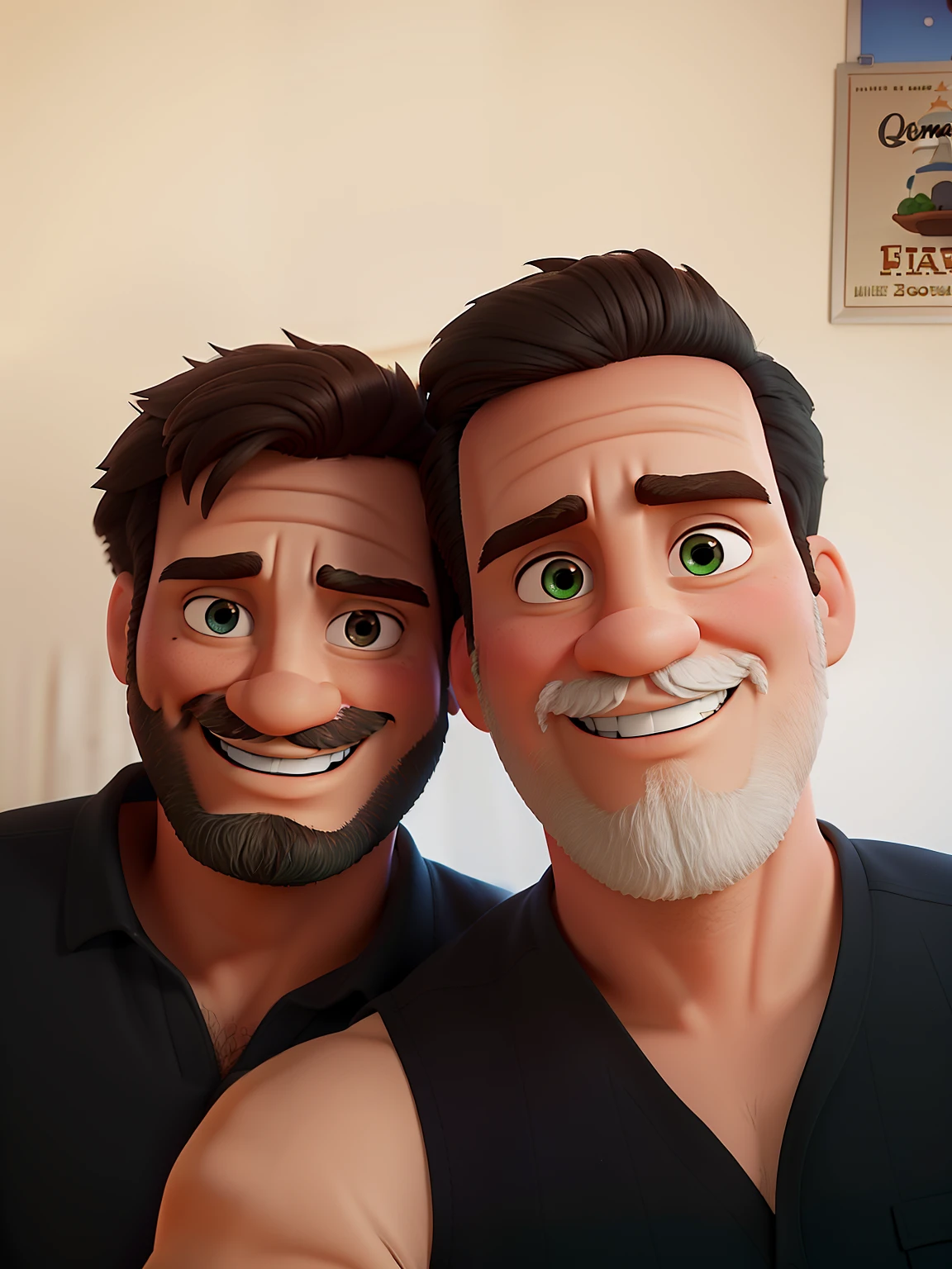 Poster no estilo Disney pixar, alta qualidade, melhor qualidade, homem sexy branco, 30 anos cabelo grisalho barba preta, musculoso, com fundo em um restaurante a luz de velas