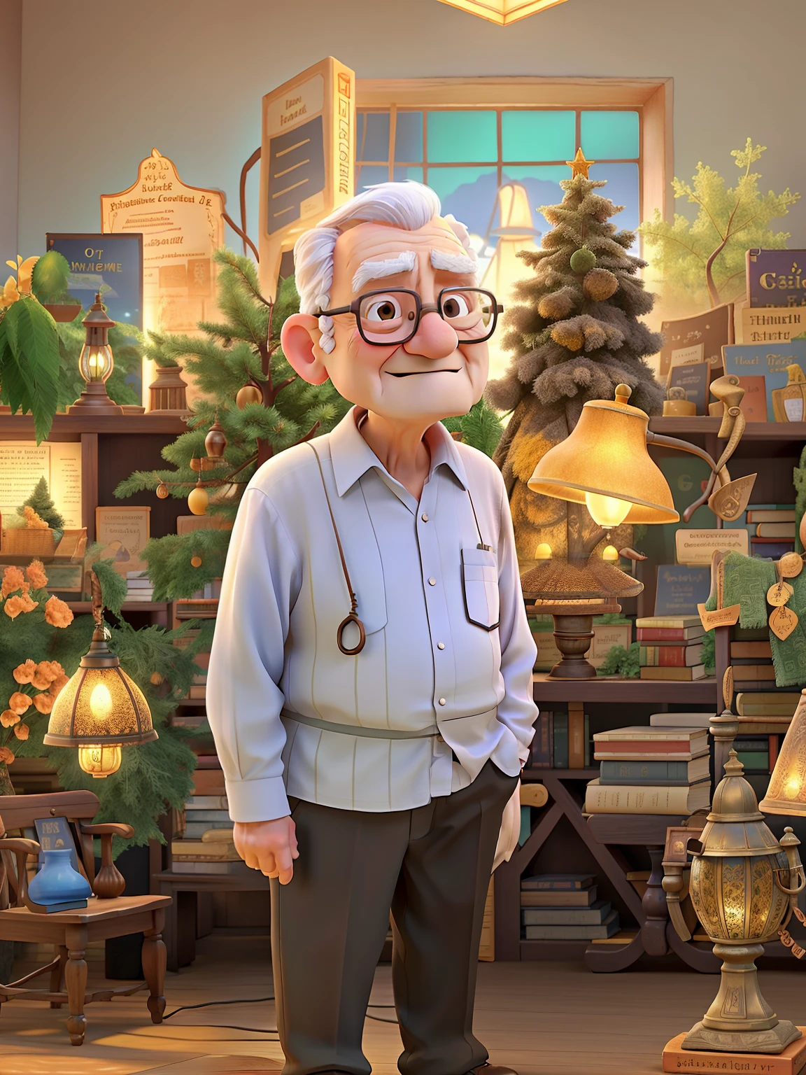 A wise old man standing in front, illuminated by the light of a lamp, against the backdrop of a library