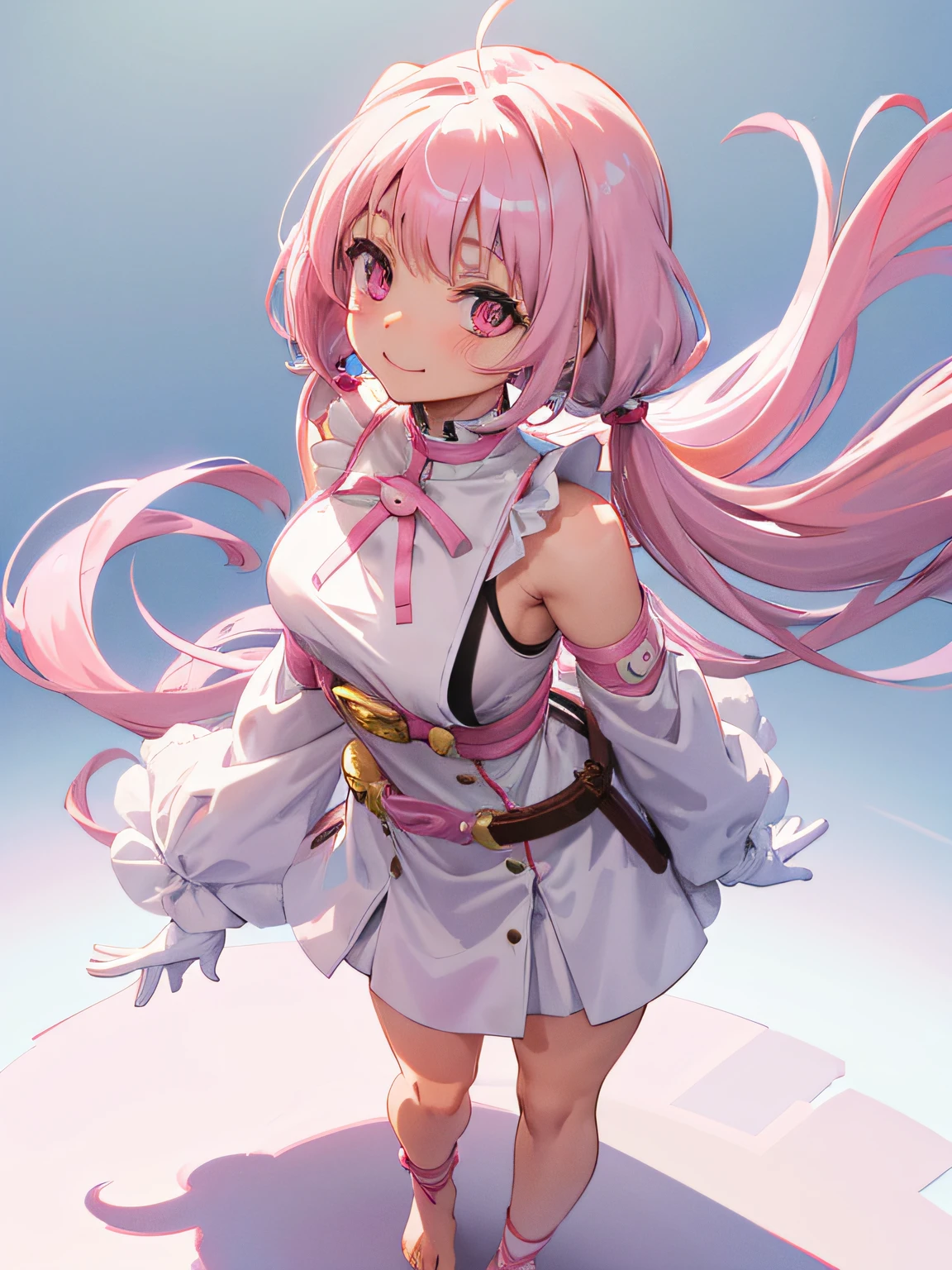 White anime girl, pink pigtails hair, pink eyes, long plain white dress, smiling face, thick leather belt with golden buckles, white gloves, barefoot, standing and straight arms, white floor, white background.