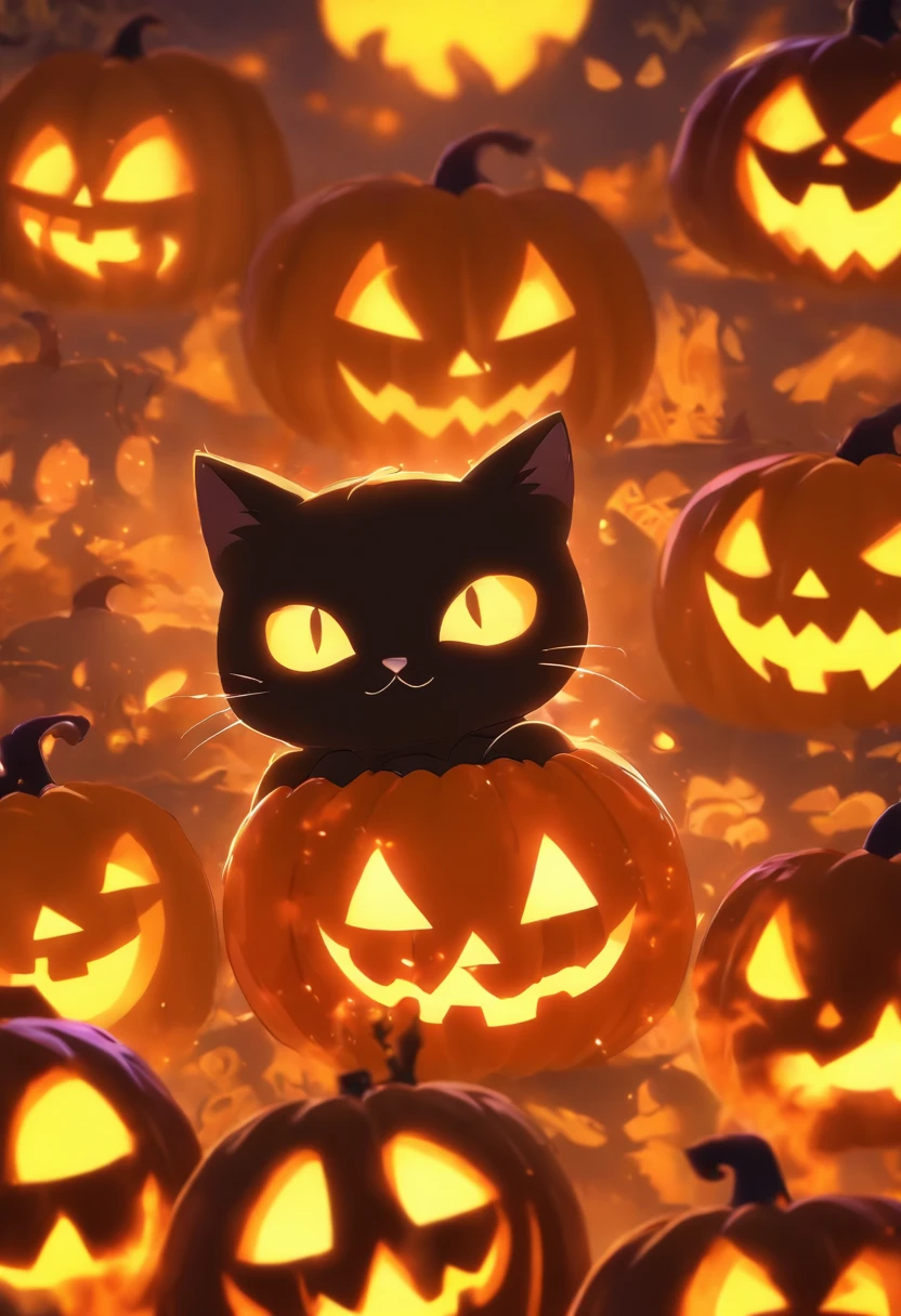 anime styled , Dream Cat, Halloween, Three different types of ((Halloween Cat Characters)), catssxghost、catssxHalloween Pumpkin、catssxwitch's hat、in 8K, High quality、 Dark Halloween Background