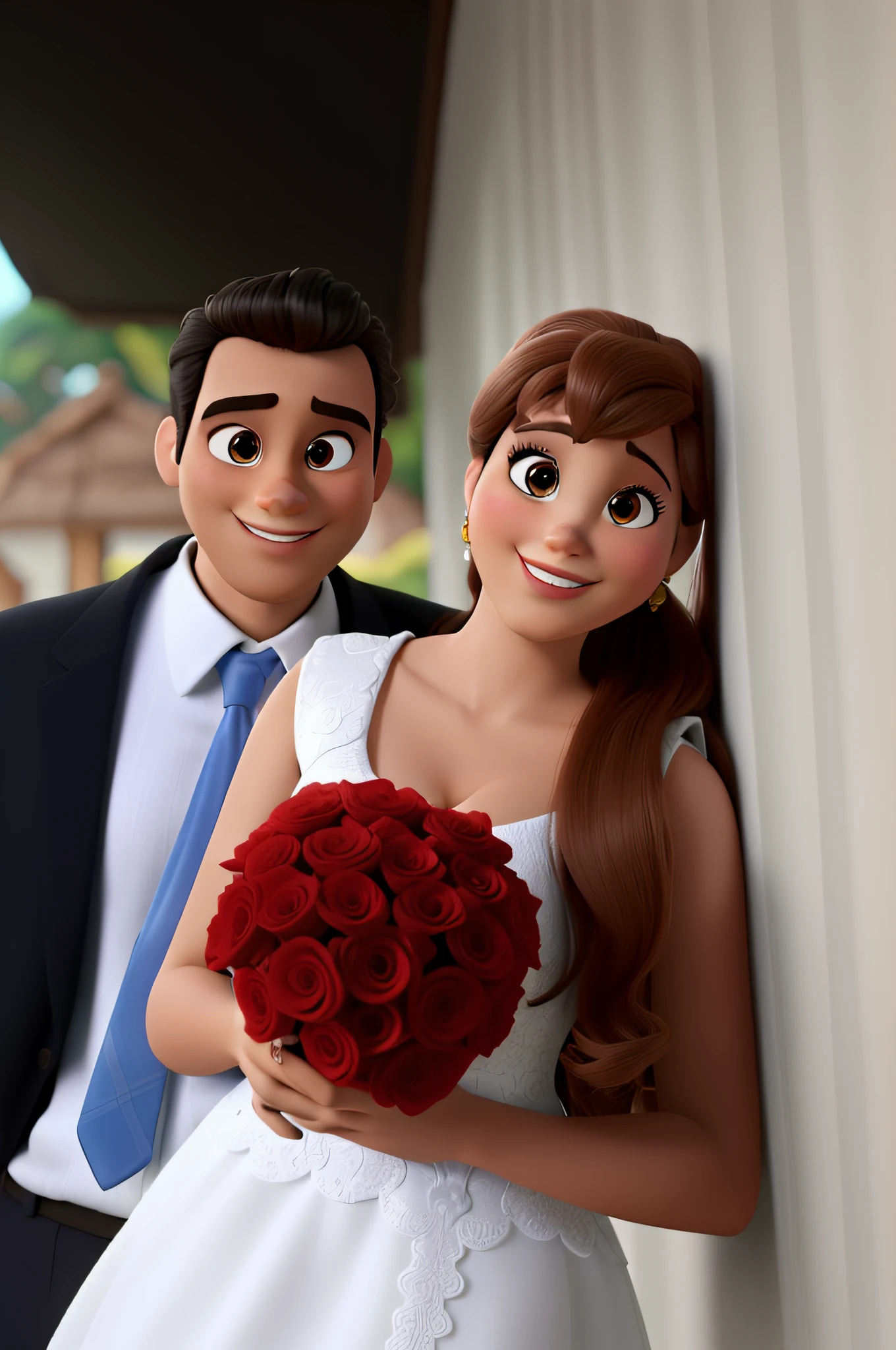 um casal de noivos, estilo disney pixar, alta qualidade, melhor qualidade