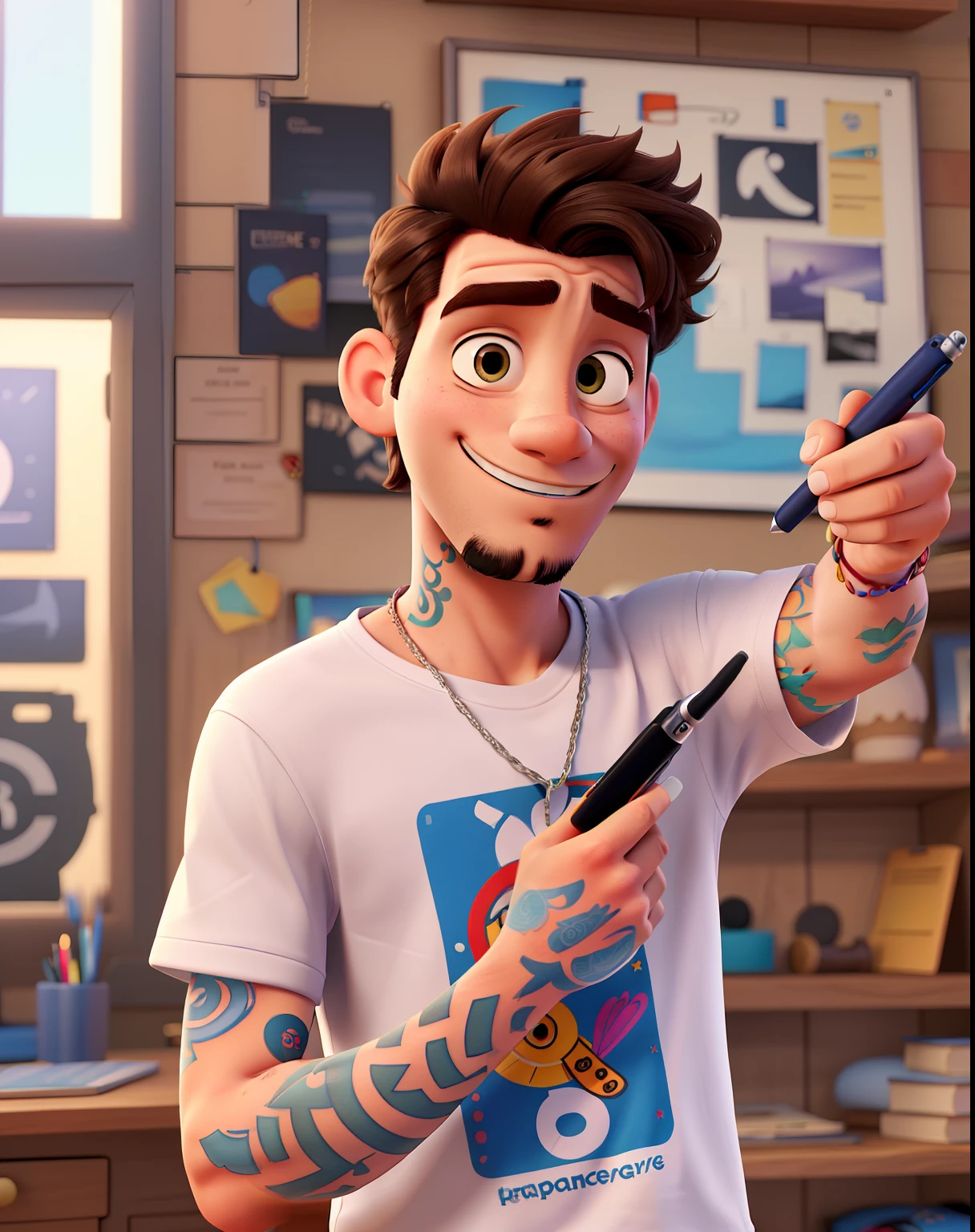 A character that is inspired by the Disney Pixar universe with all the art and vibrant colors, detailed textures and all animation features, he is wearing a white t-shirt, he also wears a thin silver chain, he is 23 years old, thin, has short hair, He is Brazilian, he has a black mustache and goatee, a tattooed arm is thin and he is holding a tablet and a pen in his hands.
