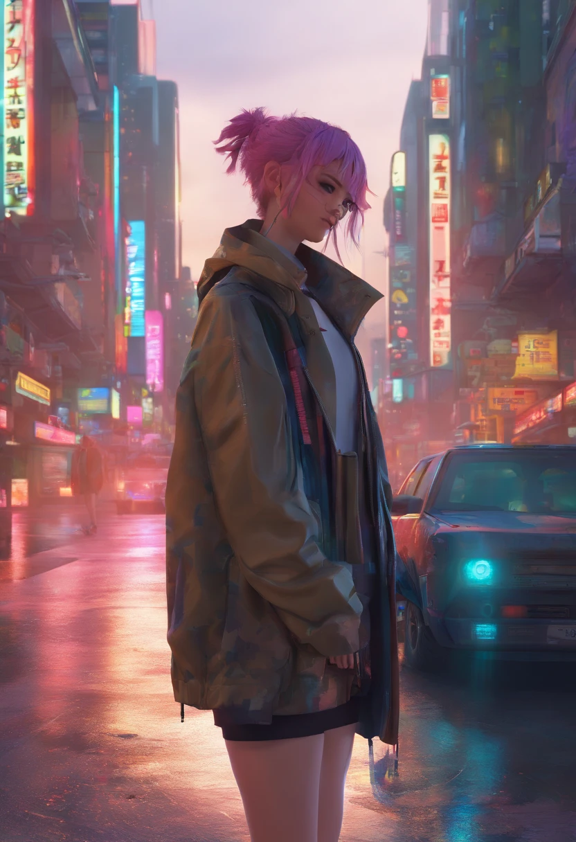 There's a woman standing on the side of the street, arte cyberpunk por Yang J, trending on ArtStation, realismo, Arte no estilo de Guweiz, estilo anime. 8k, Guweiz, Estilo anime 3D realista, Trend in CGTacing:, 🤤 retrato da , estilo cyberpunk hiper-realista, Estilo anime misturado com Fujifilm, meninapunk sonhadora