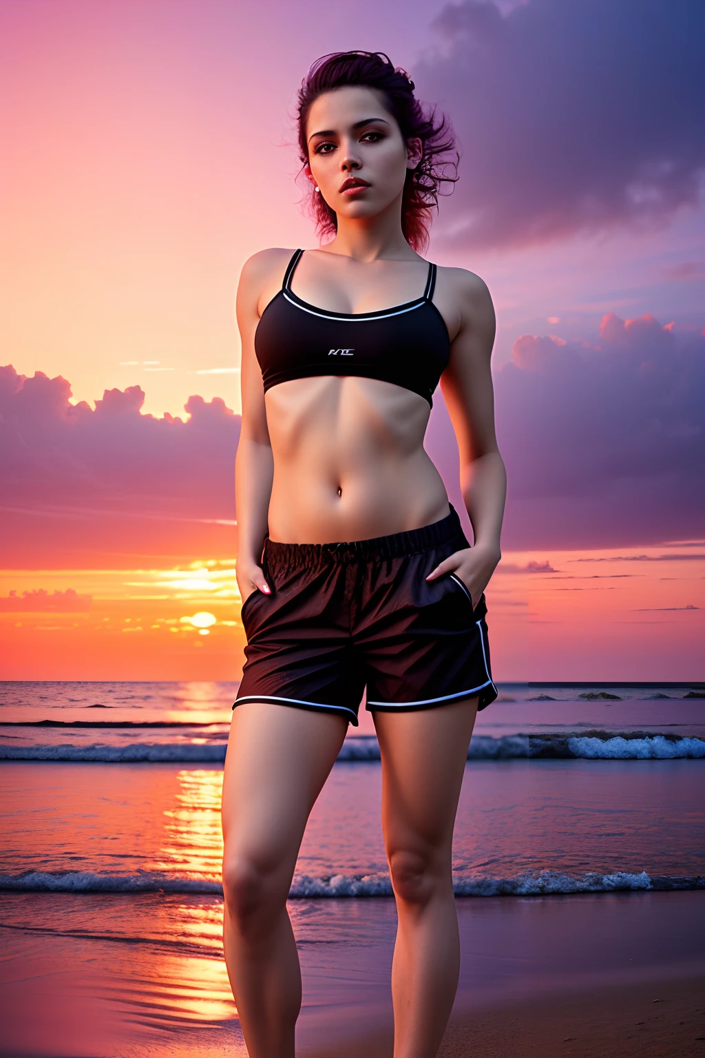 1girl, Photo model, sorrir, foco no espectador, beautiful lighting, best quality, master part, Ultra Highres, fotorrealista, cabelos pretos, tanque curto, short pants, Long capacity, medium breasts, pele branca,( Sunset background:1.4)