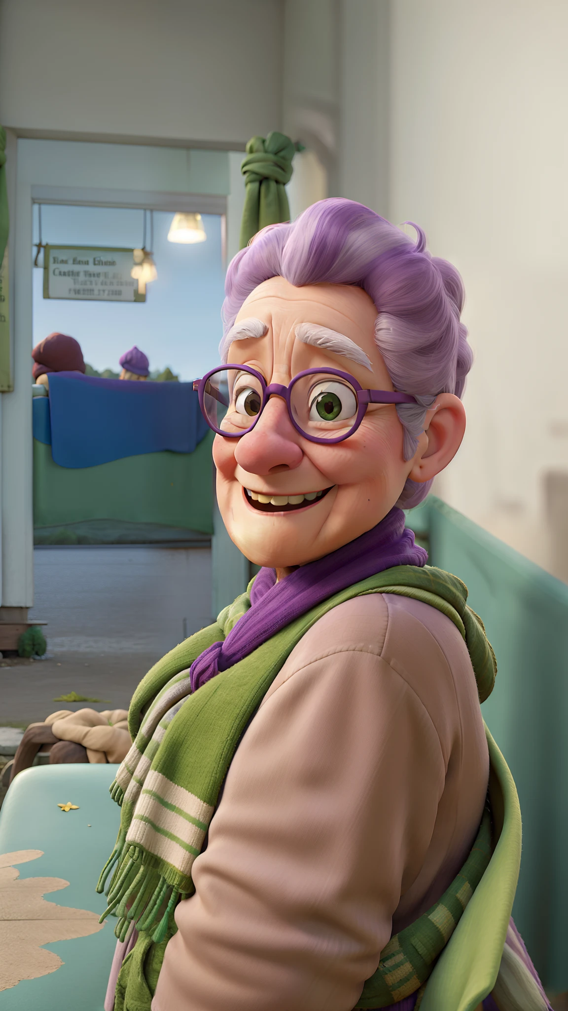 masterpiece, best quality, an old woman with glasses and a scarf on, wearing a purple coat and green scarf, standing at the park