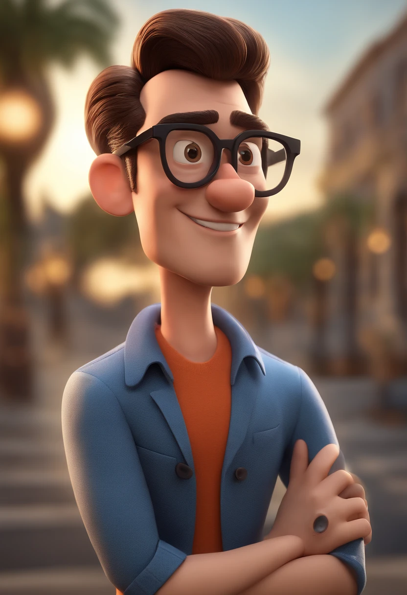 Cartoon character of a man with black glasses and a blue shirt, animation character, Caractere estilizado, animation style rendering, 3D estilizado, Arnold Maya render, 3 d render stylized, toon render keyshot, Personagem 3D, Personagem 3D, 3d rendering stylized, 3 d character render, personagem de desenho animado, Personagem de close up, Pose de personagem, (Estilo Pixar) (master part:1.2) (Bokeh) (best quality) (pele detalhada) (textura detalhada) (8k) (argila) (Cinematic lighting) (foco nítido
