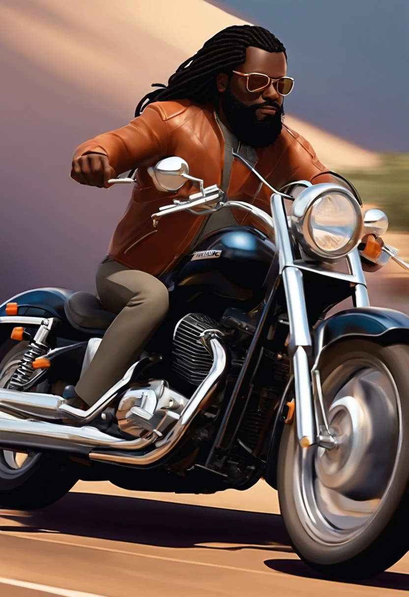 a 3D Disney Pixar style poster 40 year old black man with long straight hair and glasses beard, pilotando uma Honda shadow 750 em um passeio de motocicleta