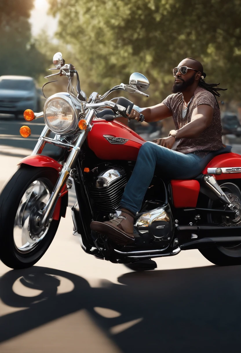 a 3D Disney Pixar style poster 40 year old black man with long straight hair and glasses beard, pilotando uma Honda shadow 750 em um passeio de motocicleta