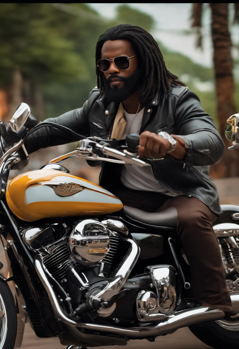 a 3D Disney Pixar style poster 40 year old black man with long straight hair and glasses beard, pilotando uma Honda shadow 750 em um passeio de motocicleta