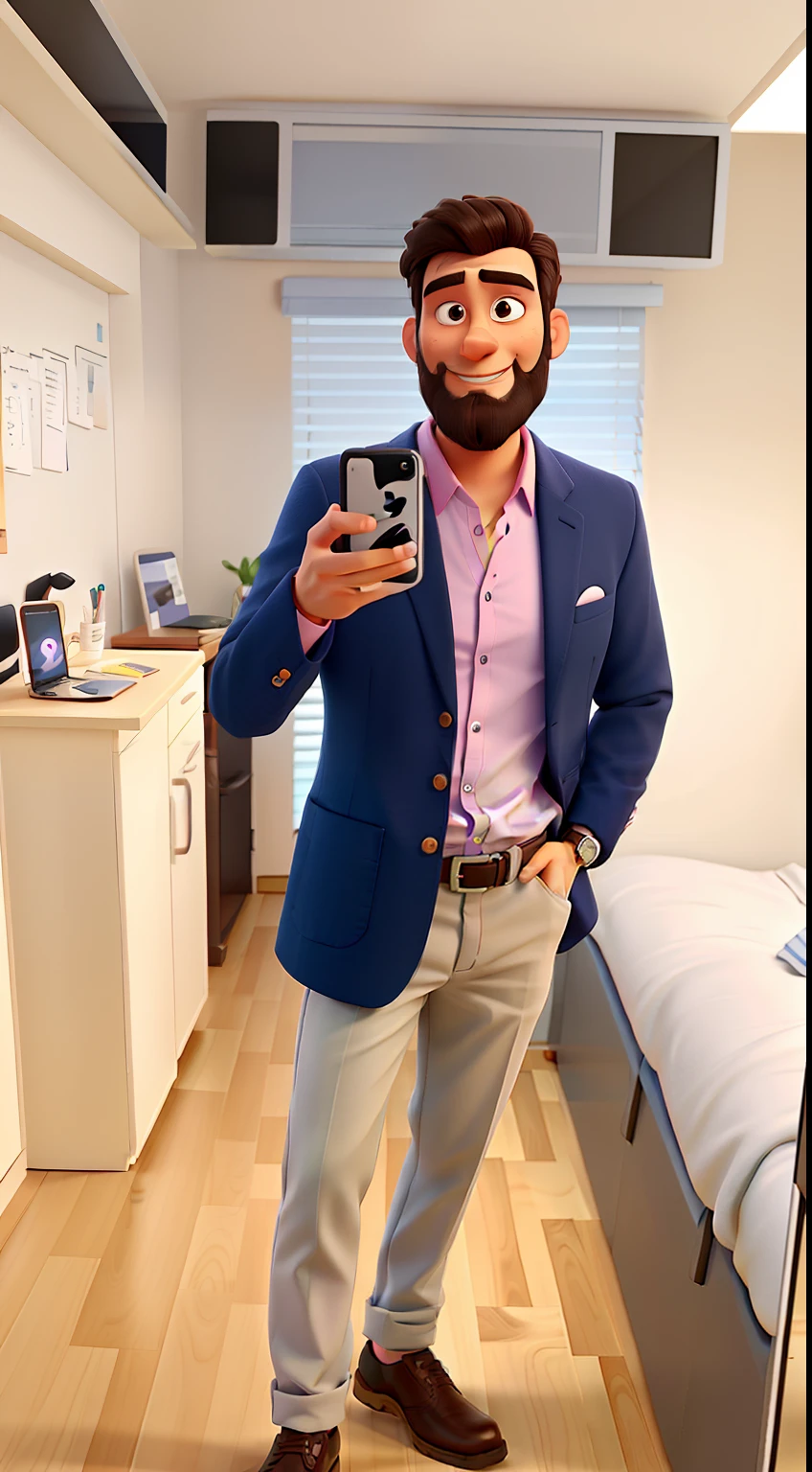 Pixar Style
Wears discreet hearing aid on the right side
He has a dark brown beard and a little white on his chin
with a slight smile
blue color blazer dress
Pink shirt
light-colored, non-white jeans
Casual style attire
taking photo in mirror with left hand by iPhone 14 Pro
Has Apple Watch on left wrist
Right Hand Holding MacBook by Hands.
Environment Background is a technology company
