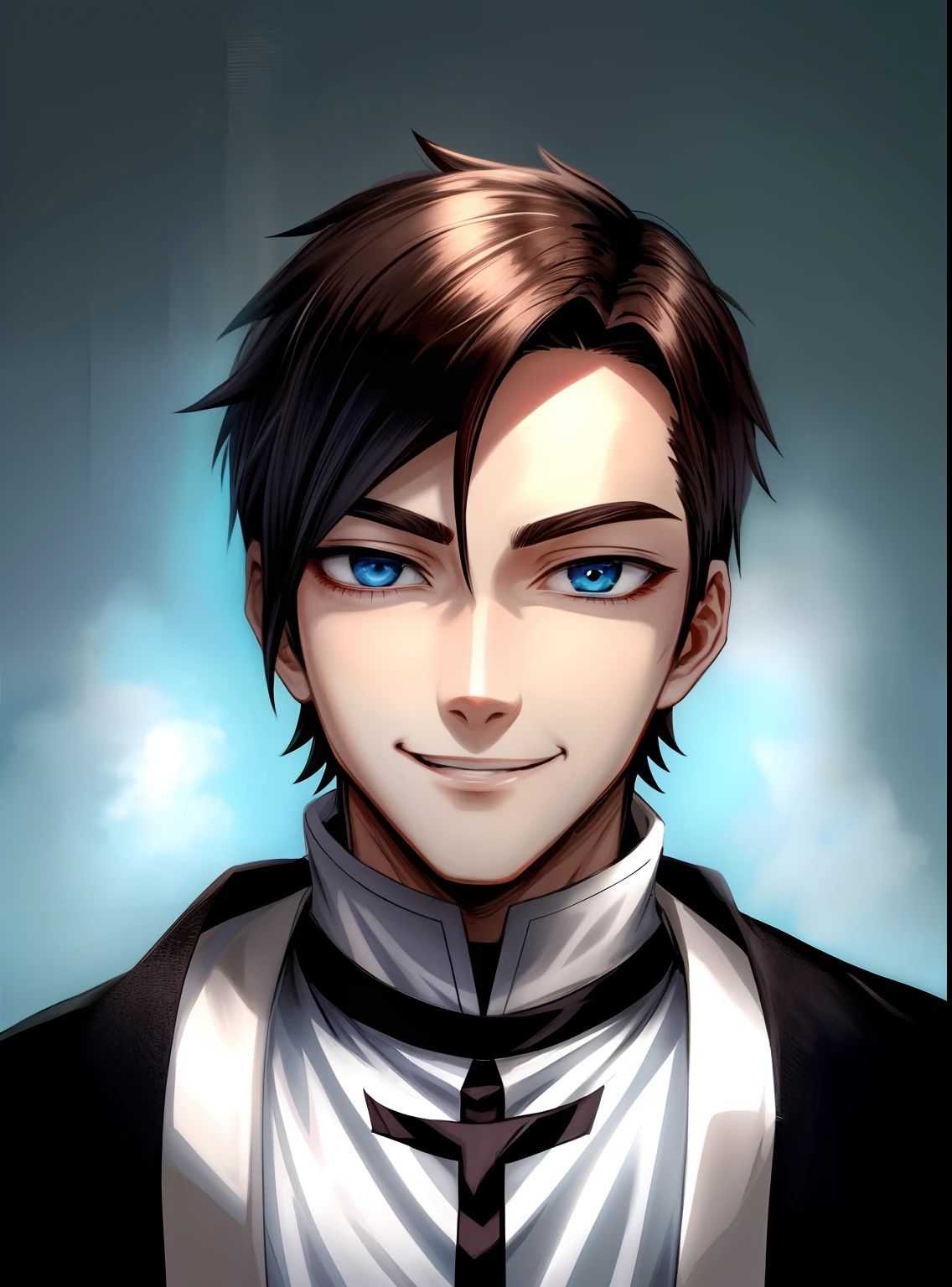 Portrait of evil young priest anime style villain character , sarcastic gaze smile, short brown haired , blue eyes