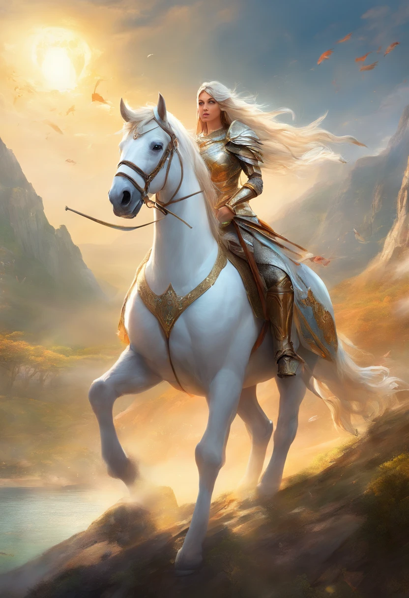 Arafed, fantasy art, fantassy movie named The White Knight,(movie poster: 1.5), RPG art, a beautiful  woman knight ridong a white horse, armed with a sword, wearing heavy armor LnF, Ultra-Wide Angle, high detail, award winning, best quality, HD, 16K, rendering, high details, best quality, highres, ultra wide angle, 3D rendering, [[anatomically correct]]