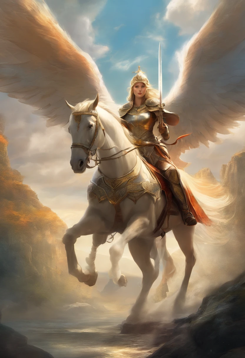Arafed, fantasy art, fantassy movie named The White Knight,(movie poster: 1.5), RPG art, a beautiful  woman knight ridong a white horse, armed with a sword, wearing heavy armor LnF, Ultra-Wide Angle, high detail, award winning, best quality, HD, 16K, rendering, high details, best quality, highres, ultra wide angle, 3D rendering, [[anatomically correct]]