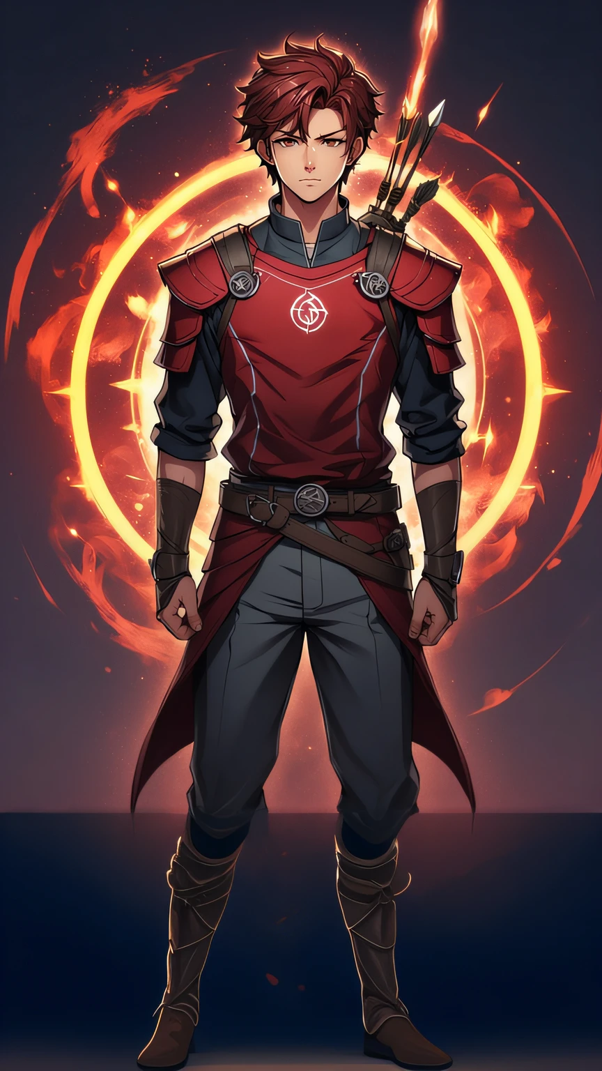 full body portrait of a archer, young man, , dark red hair, looking at the viewer, messy hair, divine aura, a clone at his side, archer symbols in the background