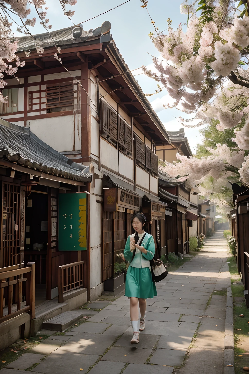 The east wind picks up the spring clothes, and walks to find fragrance and returns. The red-mirrored peach blossoms smile, and the green-covered willows and swallows fly together. Wandering winding paths pity vanilla, melancholy Qiao Lin hanging Luohui. Remember where Yanju is at present, Chaifei is on the west side of the restaurant. traditional Chinese painting