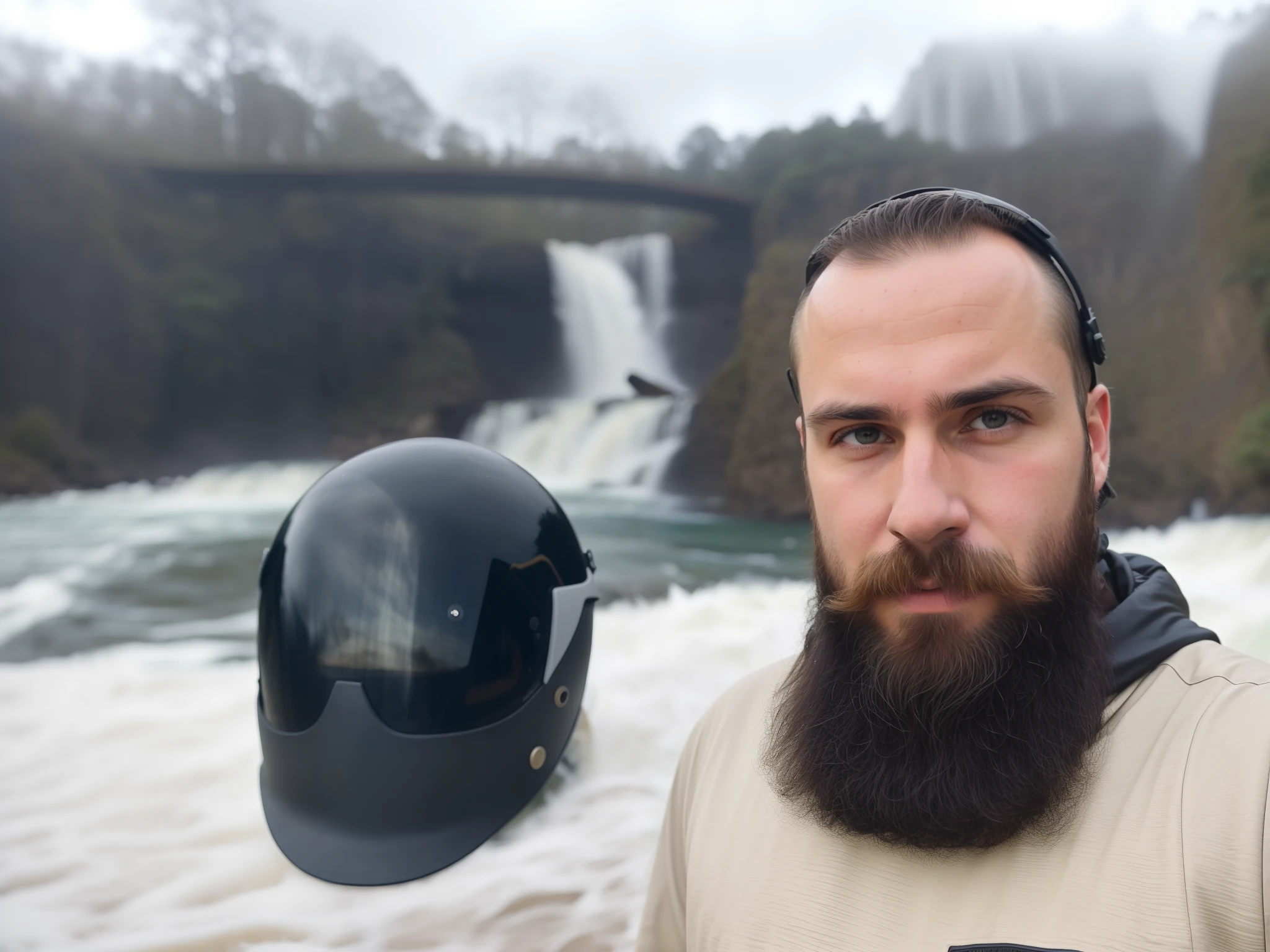 there is a man with a beard and a helmet standing next to a river, waterfalls in the background, waterfall in the background, standing in front of a waterfall, next to a waterfall, wearing a helmet, reddit post, motorcycle helmet, standing near a waterfall, wearing a round helmet, waterfall in background, wearing techwear and armor