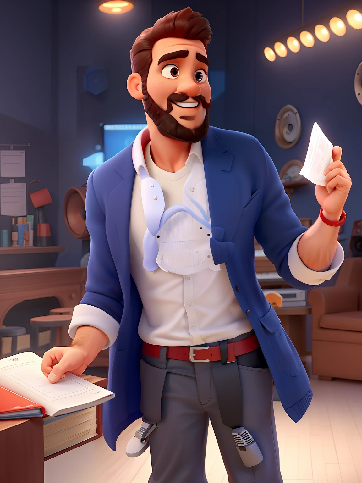 Pode melhorar barba mais rala com uns fios brancos, Make the full body appearing white red shoes. Man stands on black background on a speaker-like stage with microphone in one hand and book in the other in Disney pixar style best quality, maior qualidade.
