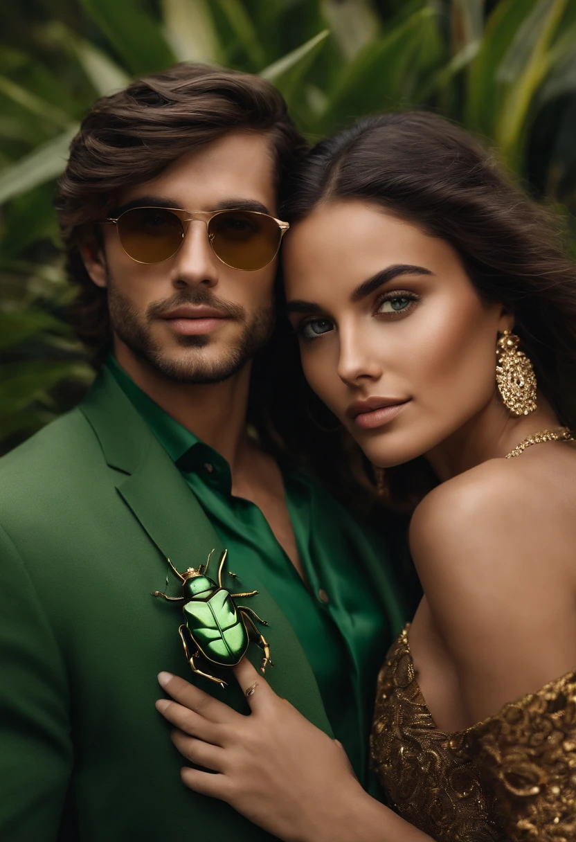 Create a poster of a couple with a blue beetle caiçara. Ele com olhos castanhos e cabelo castanho claro e ela com cabelos loiros compridos e olhos castanhos, with thin gold-colored glasses, com vestido verde escuro e ele com camisa praiana e bermuda jeans. Em uma paisagem de praia