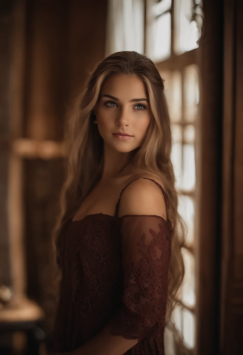 Garota: Brenda, aproximadamente 16 anos de idade, cabelo comprido estilo Disney, olhos castanhos e sorrisos. garota: Pietra, 16 anos, longos cabelos loiros e olhos castanhos. scenecy: Brenda and Pietra are in a cozy little house in the valley, ao fundo um dia ensolarado, Destacando o Sol.