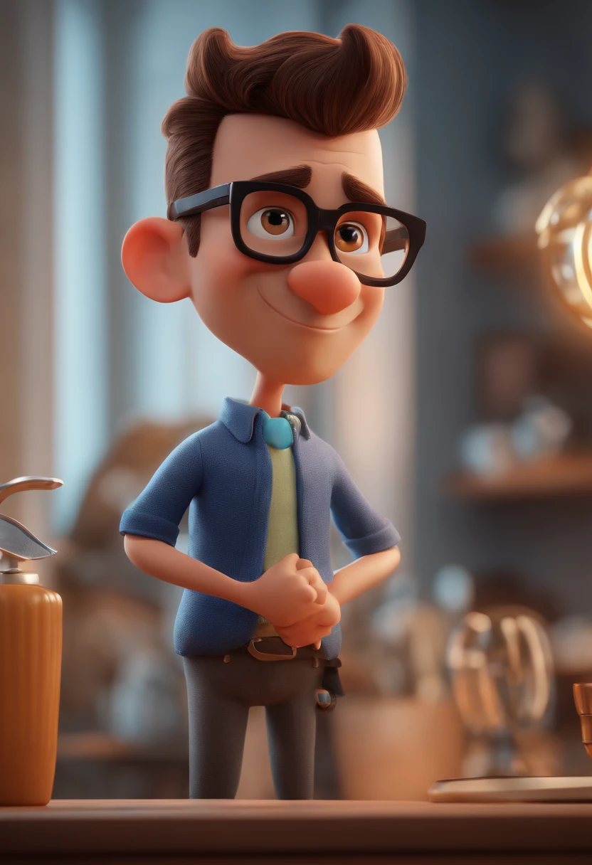 Cartoon character of a man with black glasses and a blue shirt, animation character, Caractere estilizado, animation style rendering, 3D estilizado, Arnold Maya render, 3 d render stylized, toon render keyshot, Personagem 3D, Personagem 3D, 3d rendering stylized, 3 d character render, personagem de desenho animado, Personagem de close up, Pose de personagem, (Estilo Pixar) (master part:1.2) (Bokeh) (best quality) (pele detalhada) (textura detalhada) (8k) (argila) (Cinematic lighting) (foco nítido