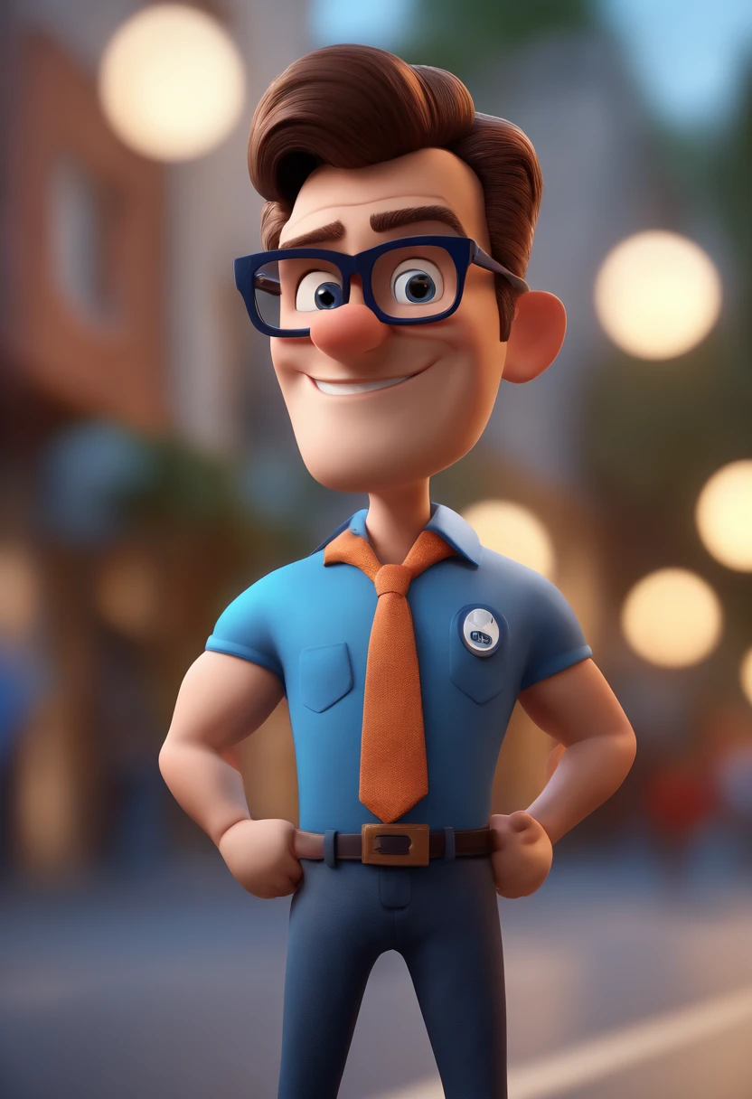 Cartoon character of a man with black glasses and a blue shirt, animation character, Caractere estilizado, animation style rendering, 3D estilizado, Arnold Maya render, 3 d render stylized, toon render keyshot, Personagem 3D, Personagem 3D, 3d rendering stylized, 3 d character render, personagem de desenho animado, Personagem de close up, Pose de personagem,  (Estilo Pixar) (master part:1.2) (Bokeh) (best quality) (pele detalhada) (textura detalhada) (8k) (argila) (Cinematic lighting) (foco nítido