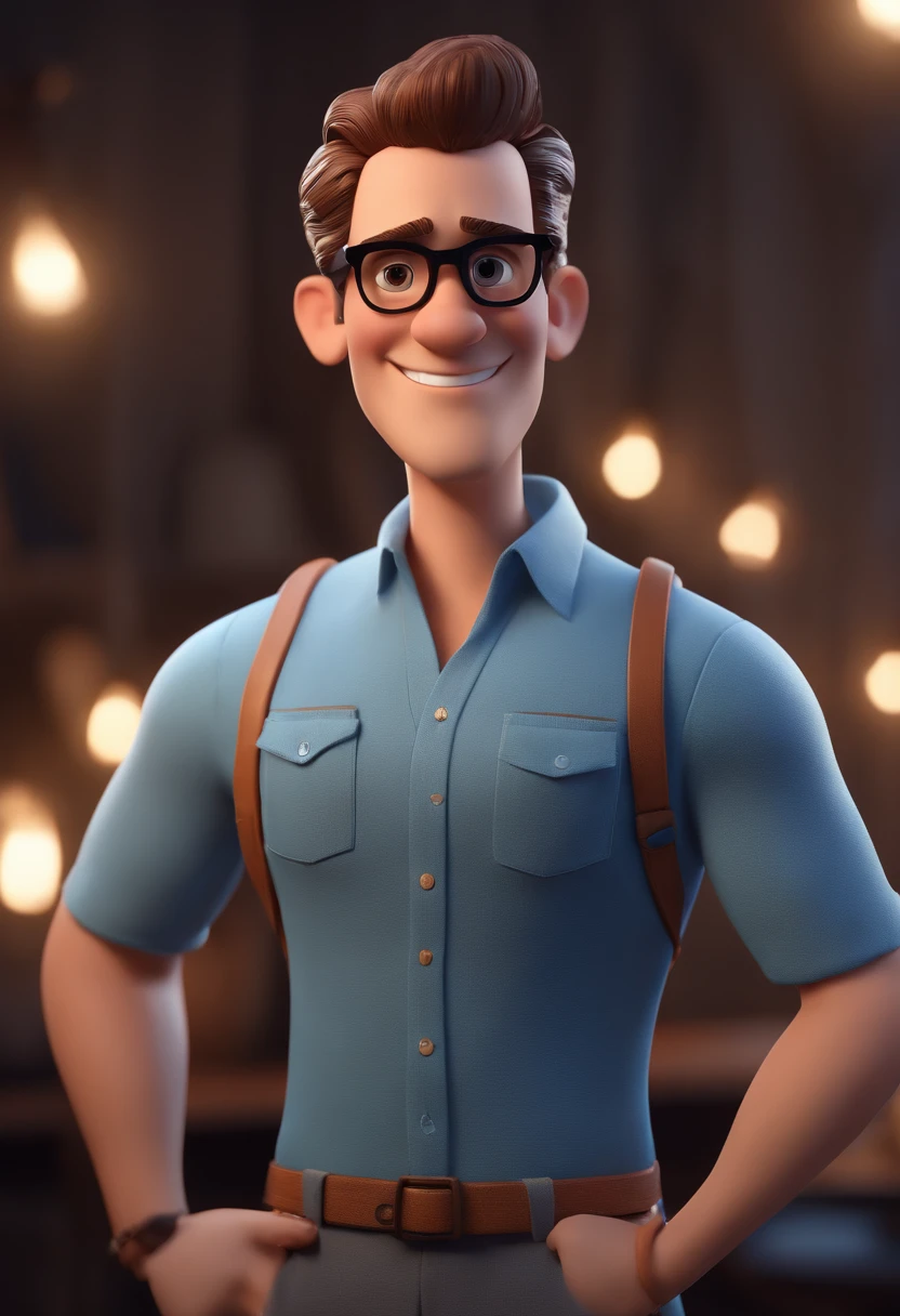 Cartoon character of a man with black glasses and a blue shirt, animation character, Caractere estilizado, animation style rendering, 3D estilizado, Arnold Maya render, 3 d render stylized, toon render keyshot, Personagem 3D, Personagem 3D, 3d rendering stylized, 3 d character render, personagem de desenho animado, Personagem de close up, Pose de personagem, (Estilo Pixar) (master part:1.2) (Bokeh) (best quality) (pele detalhada) (textura detalhada) (8k) (argila) (Cinematic lighting) (foco nítido