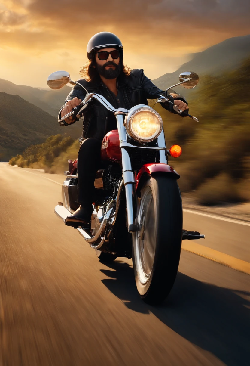 a Disney Pixar style 3D poster 40-year-old brunette man with long straight hair and bespectacled beard, pilotando uma Honda shadow 750 em um passeio de motocicleta