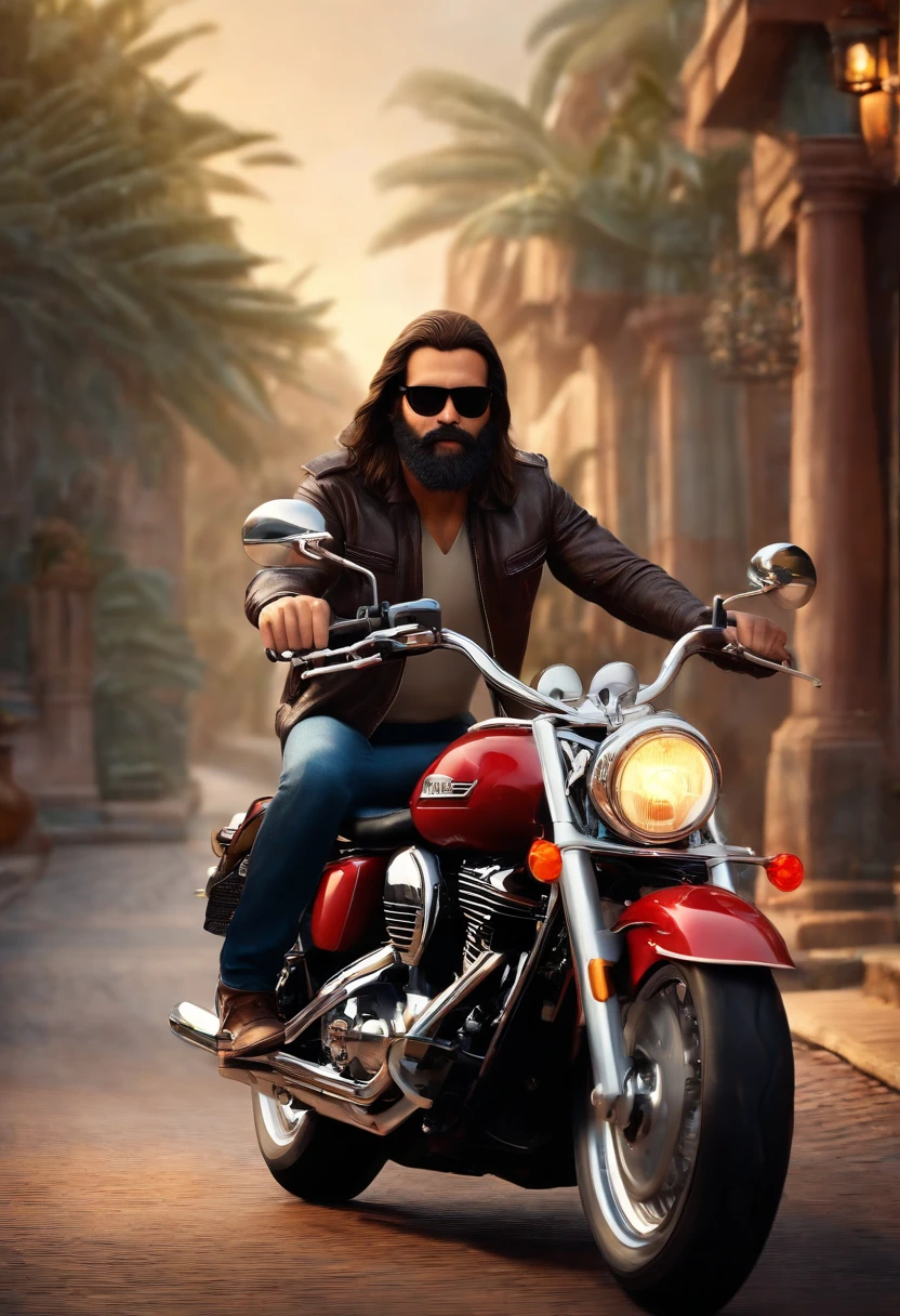 a Disney Pixar style 3D poster 40-year-old brunette man with long straight hair and bespectacled beard, pilotando uma Honda shadow 750 em um passeio de motocicleta