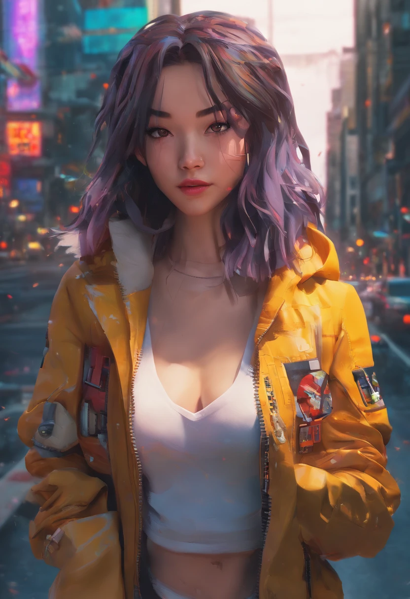 There's a woman standing on the side of the street, arte cyberpunk por Yang J, trending on ArtStation, realismo, Arte no estilo de Guweiz, estilo anime. 8k, Guweiz, Estilo anime 3D realista, Trend in CGTacing:, 🤤 retrato da menina, estilo cyberpunk hiper-realista, Estilo anime misturado com Fujifilm, menina cyberpunk sonhadora