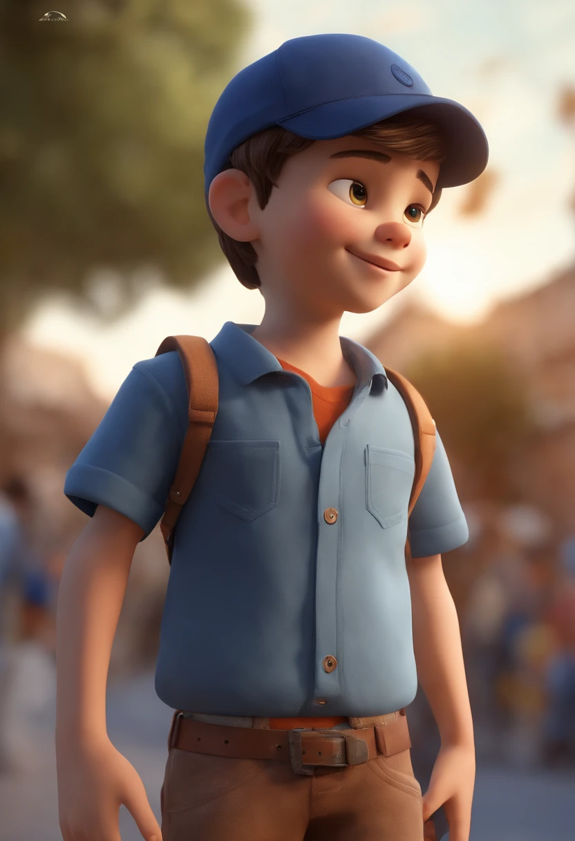A happy cute boy standing short hair with dark blue cap , vestindo uma camisa azul , , fundo branco, barnet, Tom, Estilo Pixar, ......3d, desenhos animados, rosto detalhado, asymmetrical 16k