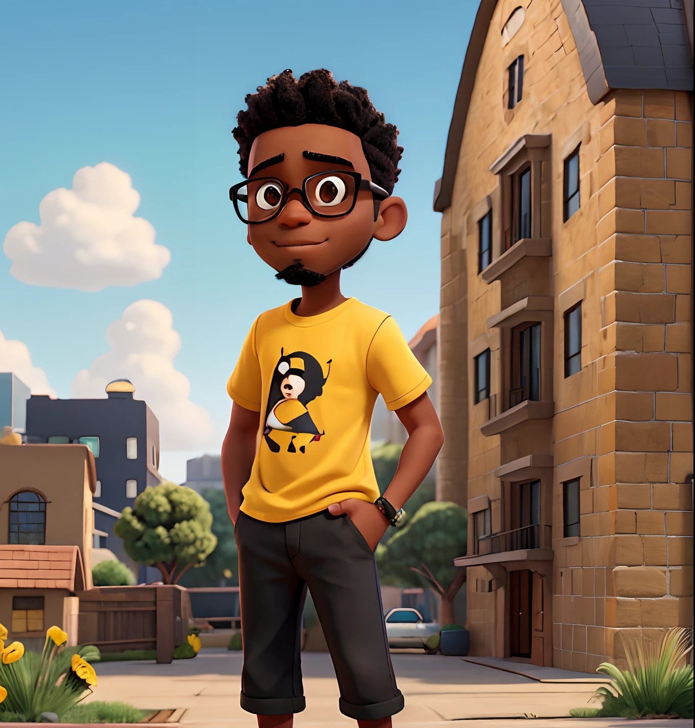 a black boy with shaved hair, beard, black glasses with yellow lenses, wearing a green t-shirt in the Disney Pixar style on top of the building with his hand on his waist