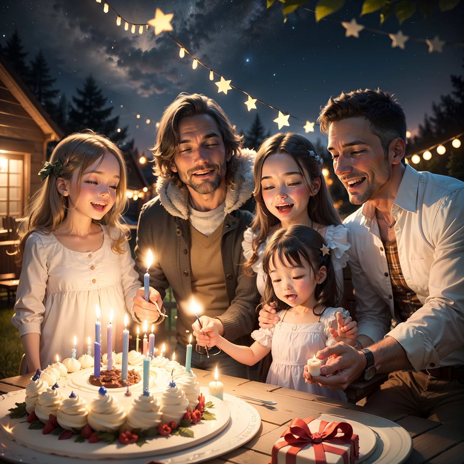 Happy parents with little stars and children trying to blow out lit candles on the delicious birthday cake celebrate the holiday in the backyard of the cottage at night